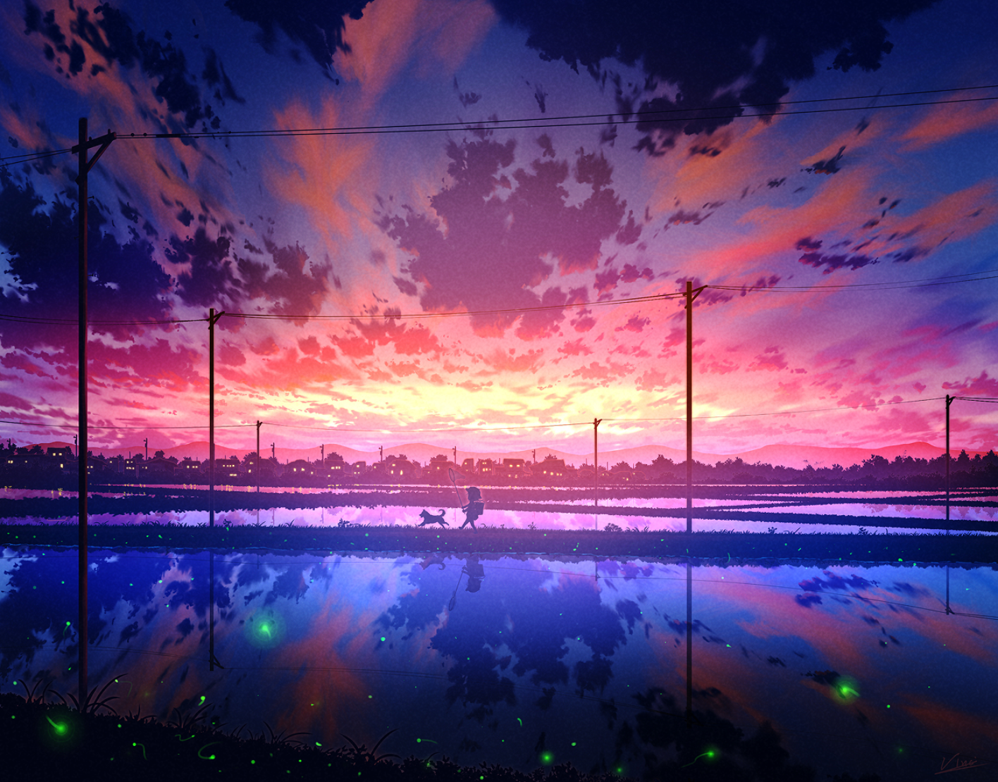 Wallpaper, anime, Pixiv, reflection, sky, clouds, sunset glow, water, city, dog, animals 1416x1110