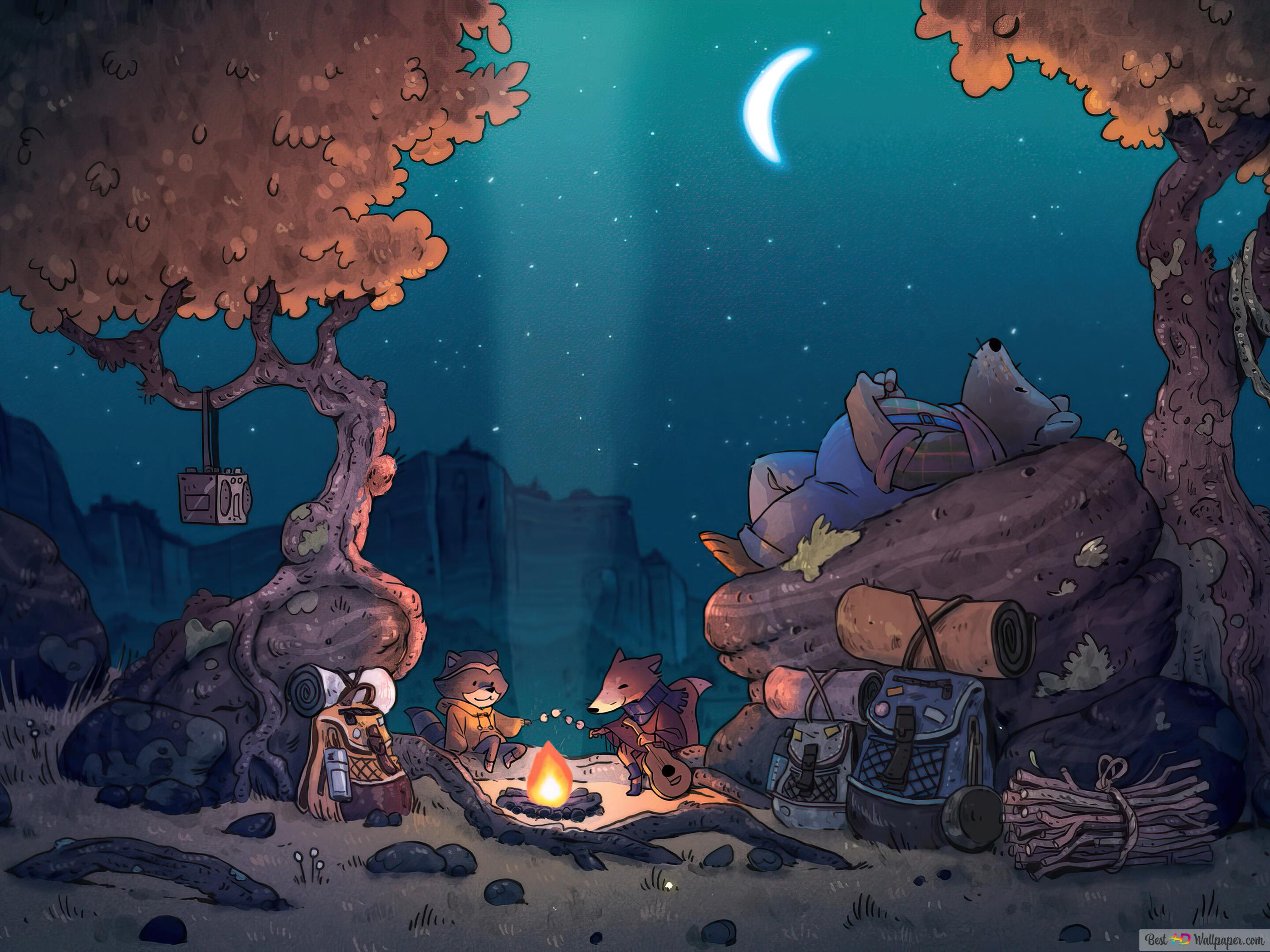 Lofi Chillhop Raccoon Camping Bonfire 4K wallpaper download