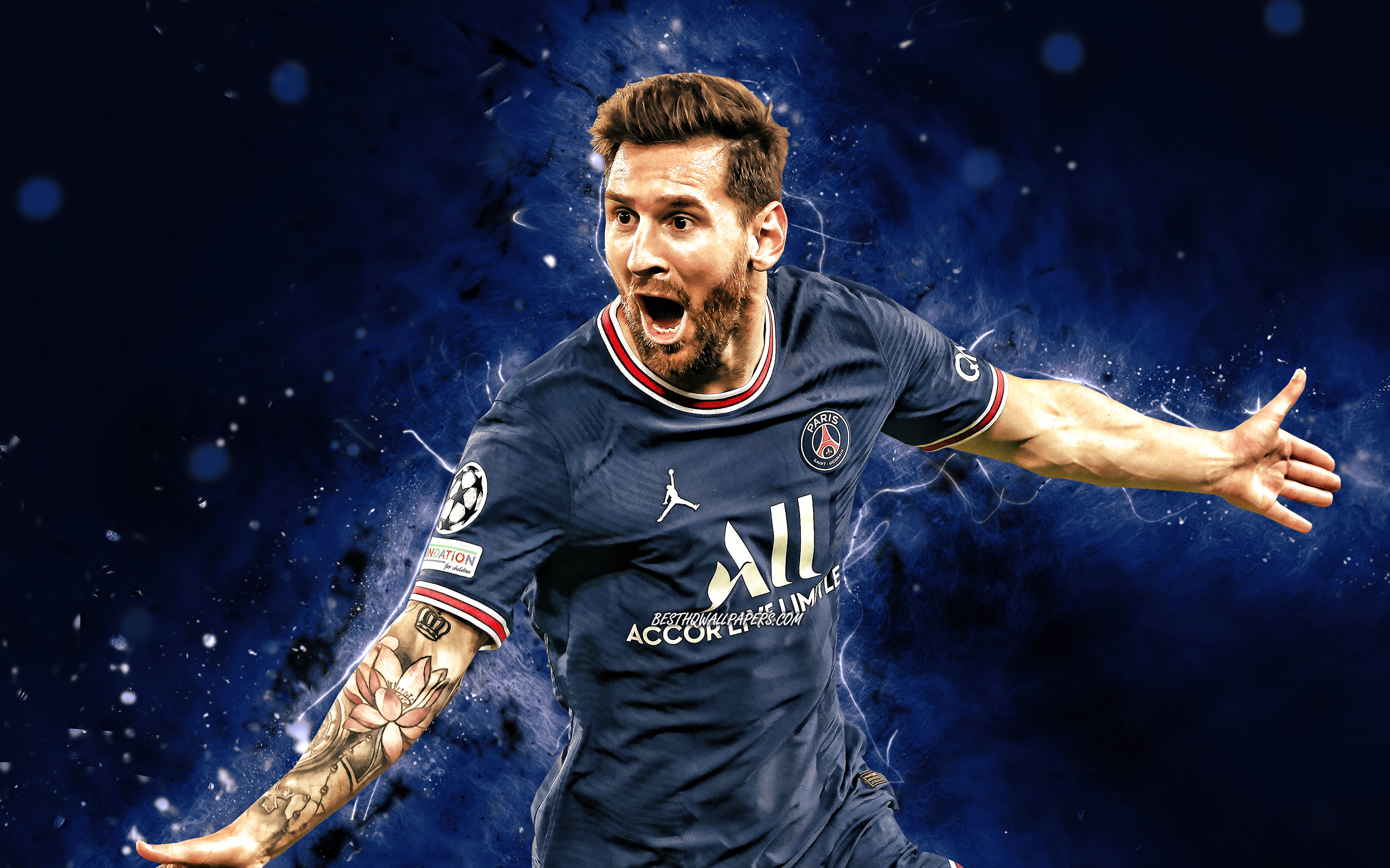 Download Wallpaper Lionel Messi PSG, Joy, 4k, Blue Neon Lights, Paris Saint Germain, Argentinian Footballers, Leo Messi, Football, Soccer, Messi, PSG, Ligue 1, Football Stars, Lionel Messi 4K, Lionel Messi Paris Saint Germain For