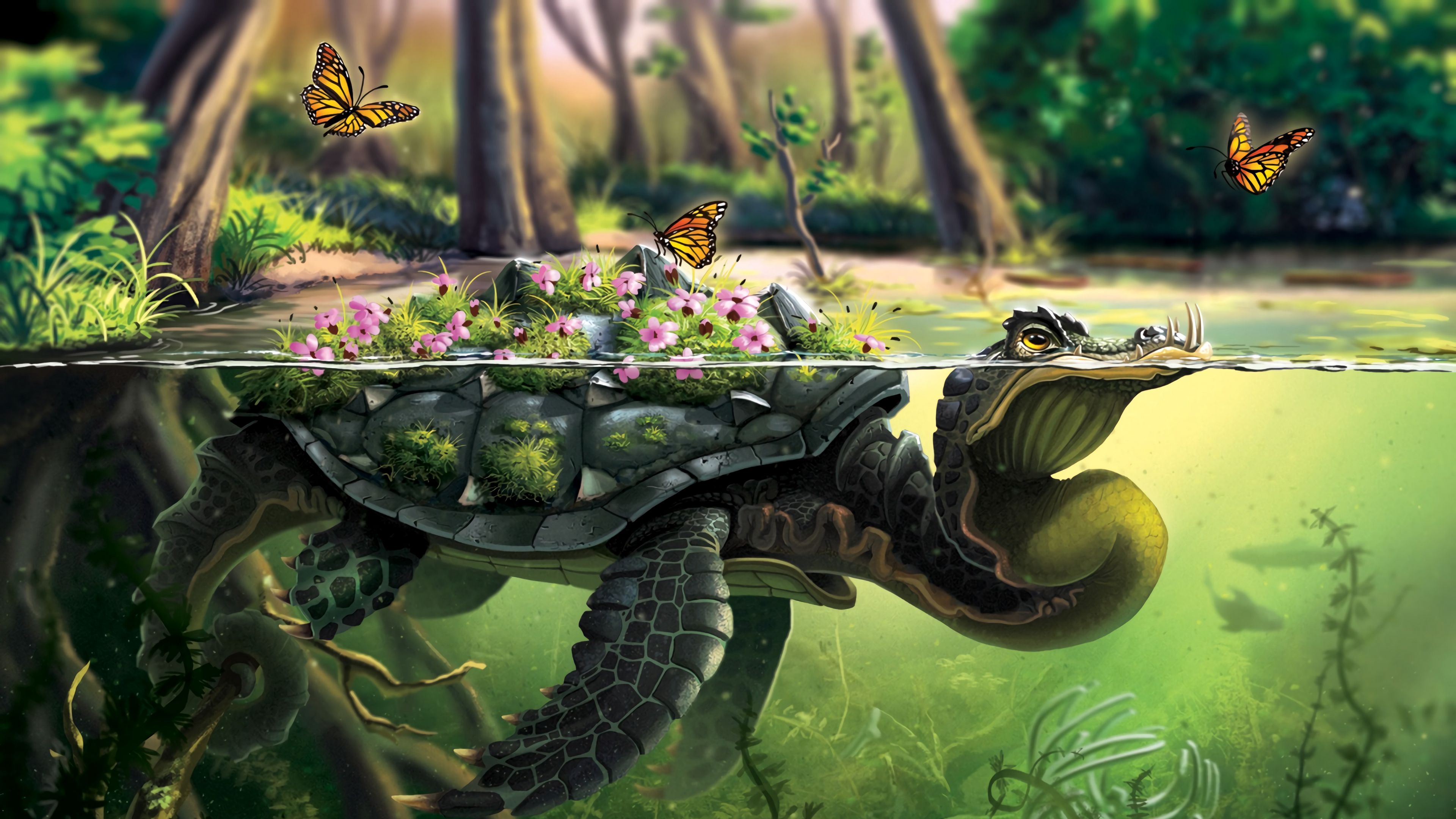 Download wallpaper 3840x2160 turtle, butterflies, art, water, underwater 4k uhd 16:9 HD background