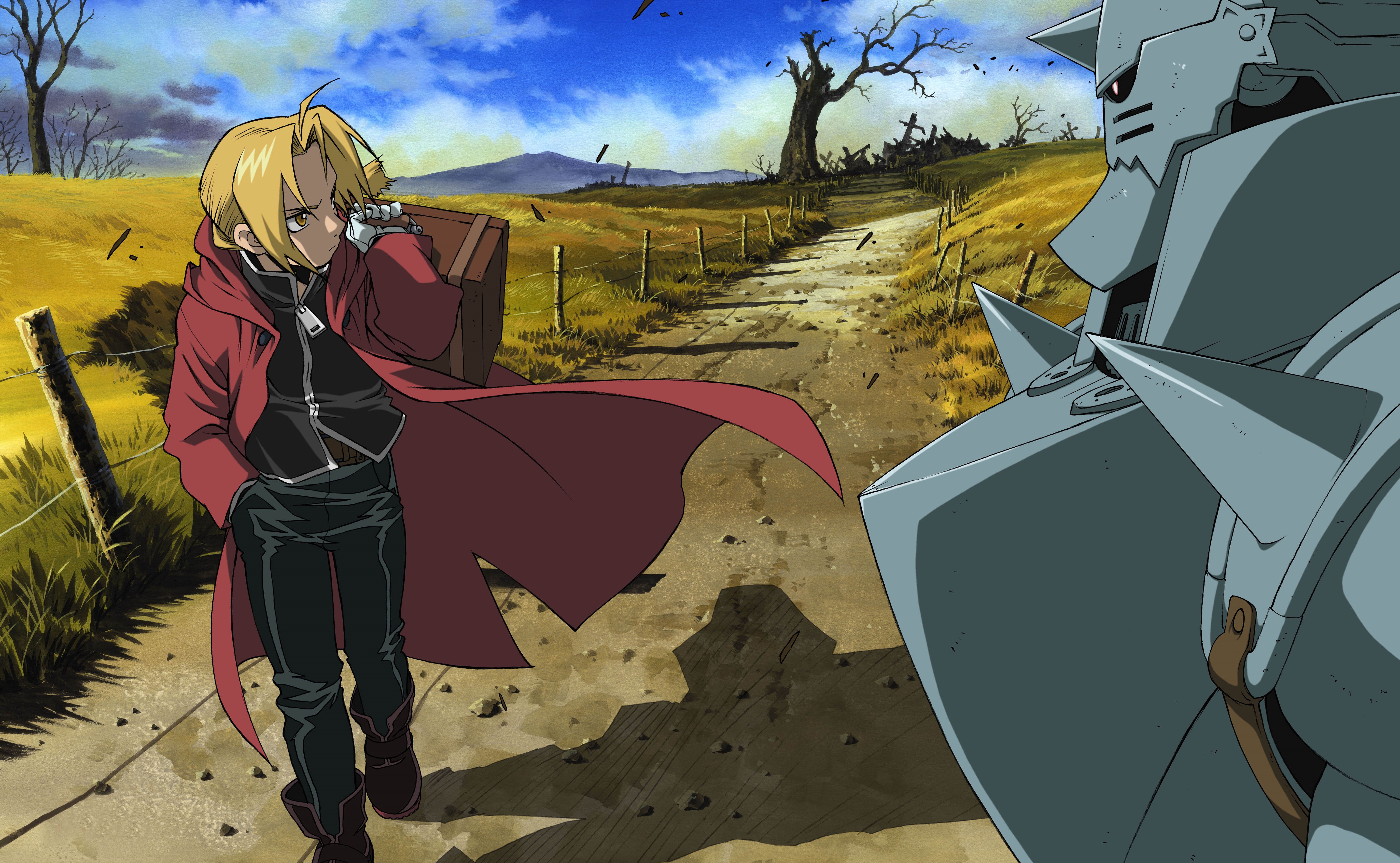 4K, blonde, outdoors, field, Full Metal Alchemist, dirt road, anime Gallery HD Wallpaper
