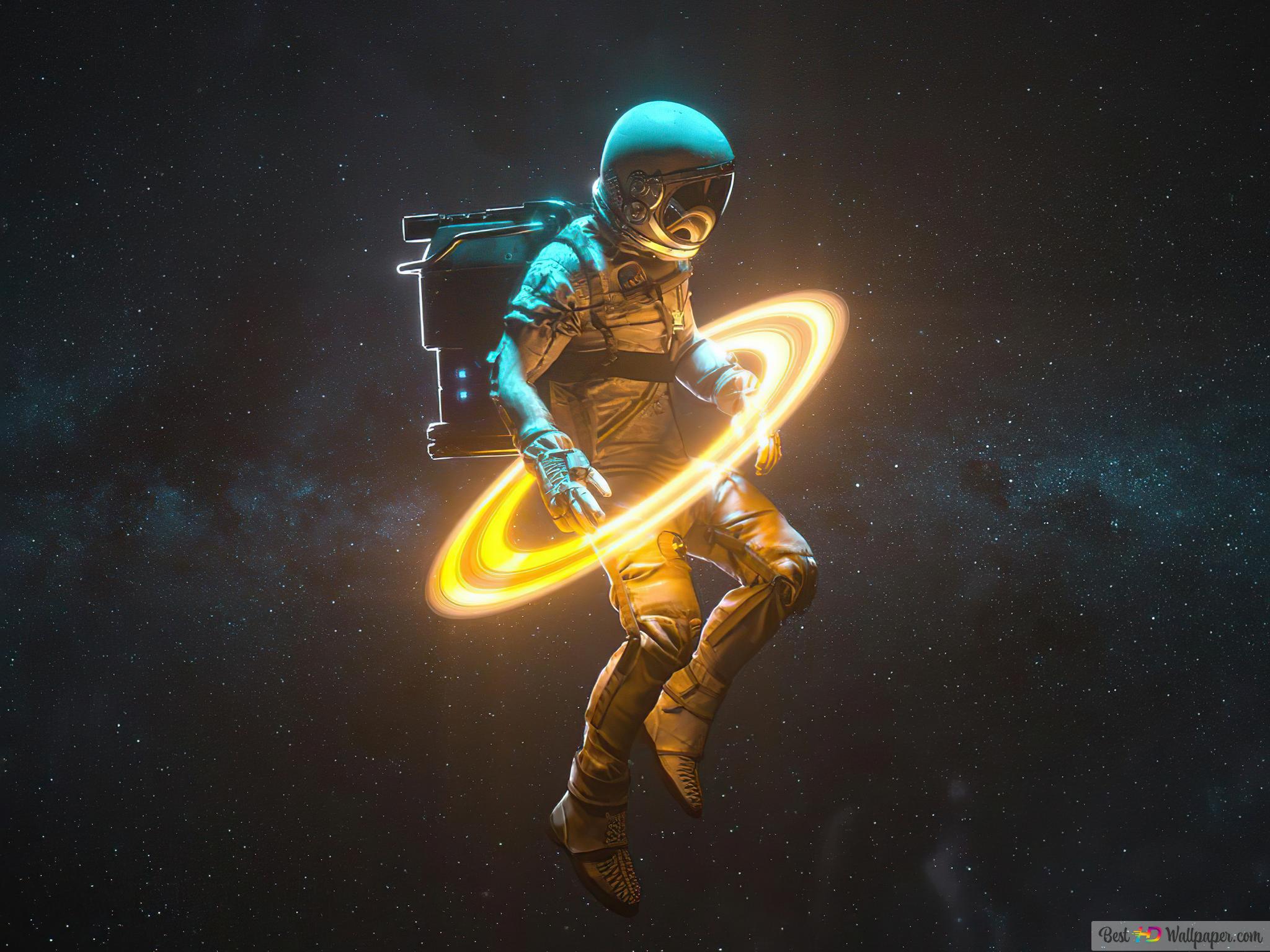 Astronaut in yellow saturn ring 4K wallpaper download