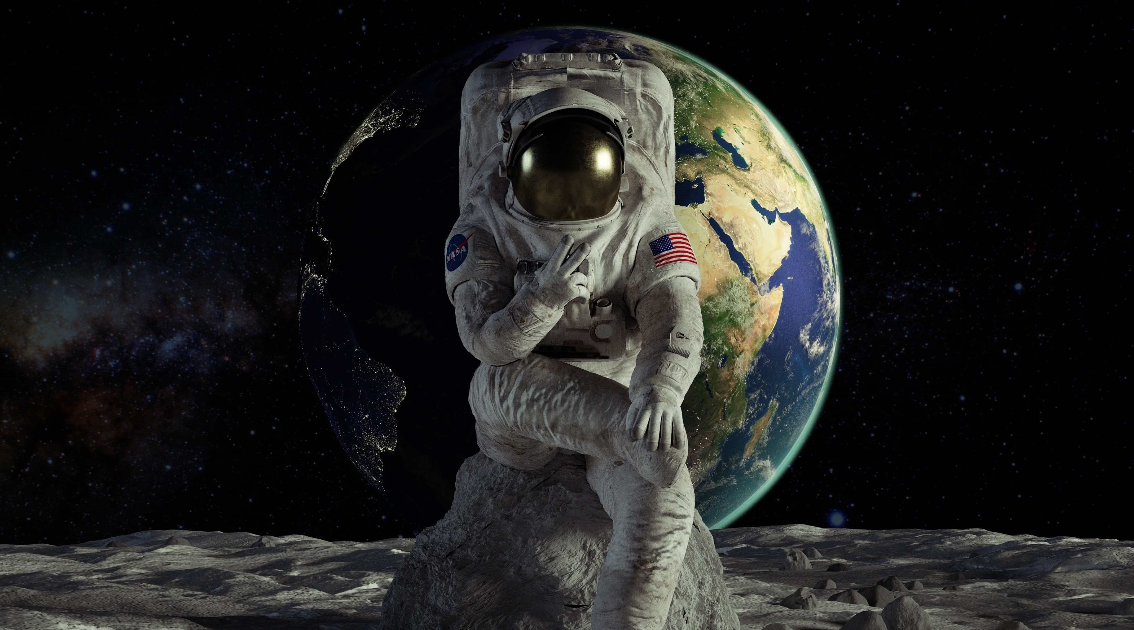 Wallpaper / Peace, Cinema4D, 4K, Space, 3Dmodeling, Cosmos, VSign, Astronaut, Earth, victory, Moon, Photo free download