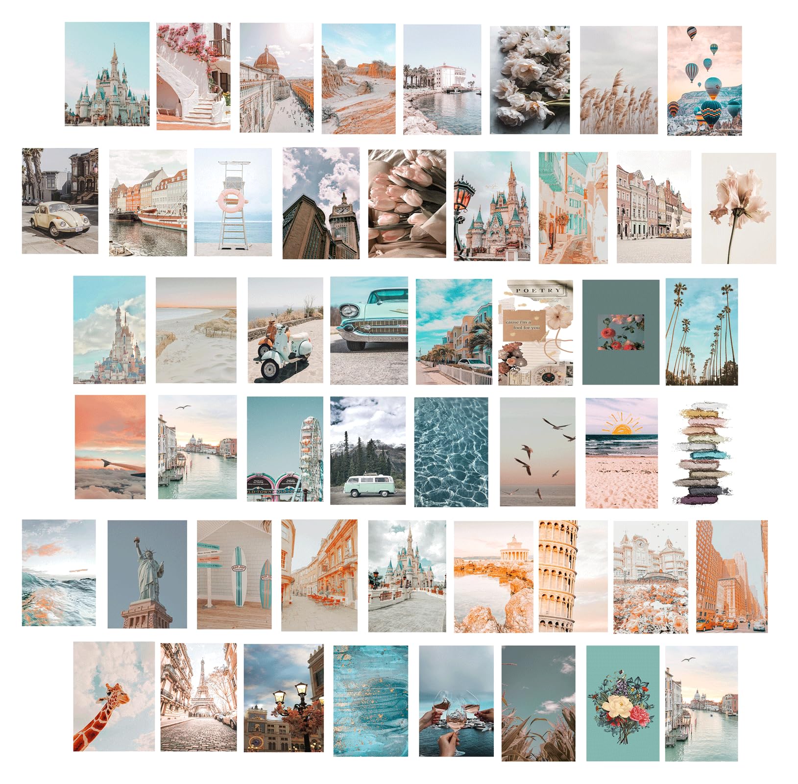 Peach Teal Wall Collage Kit Aesthetic Picture, 50Pcs 4 x 6 Inch Blue Aesthetic Picture, Summer Beach Collage Print Kit, Trendy Cute Posters for Teen Girls, Photo Collage Kit for Dorm: Posters
