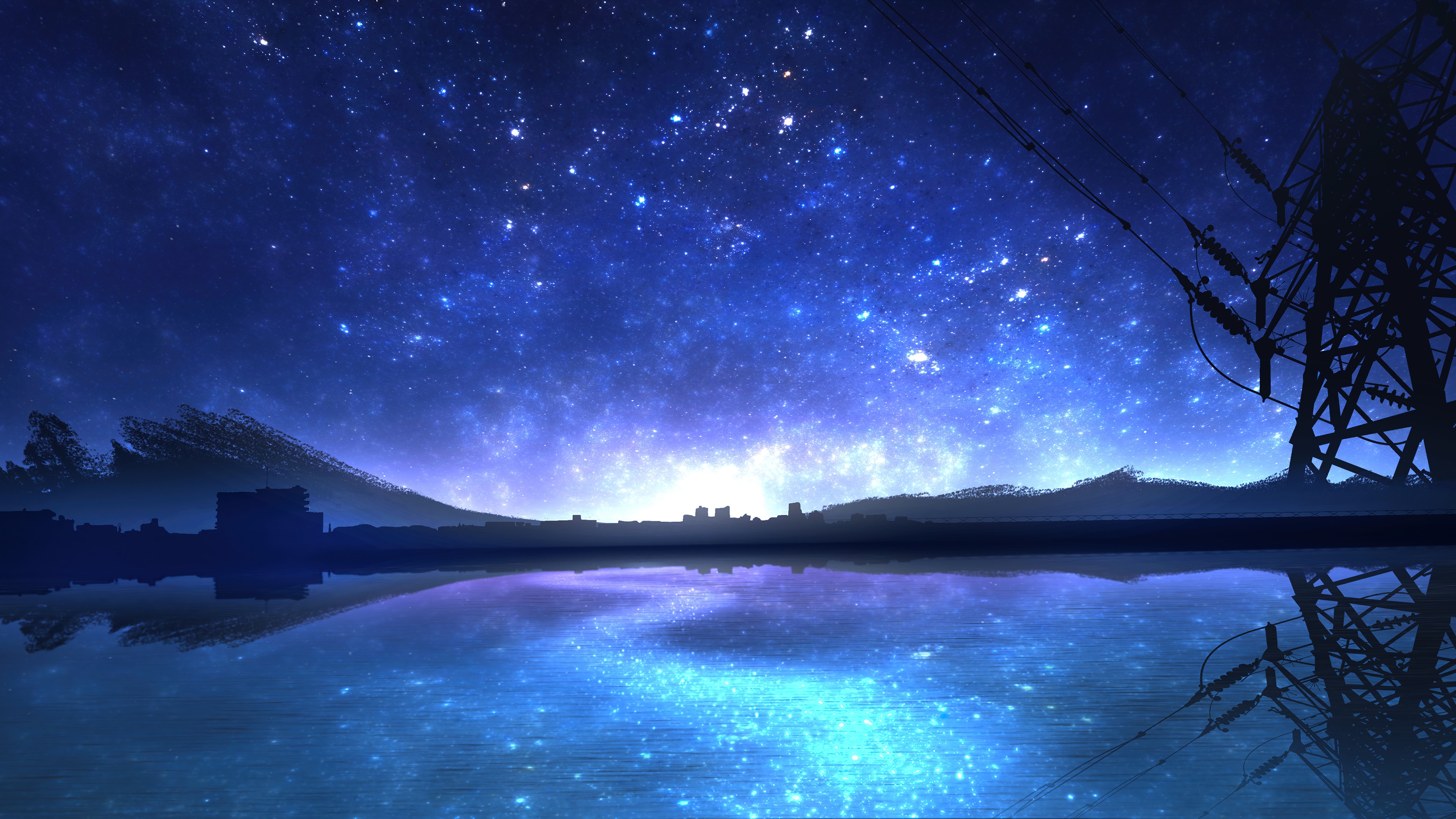 night, stars, scenery, anime, art, 4k, HD Wallpaper
