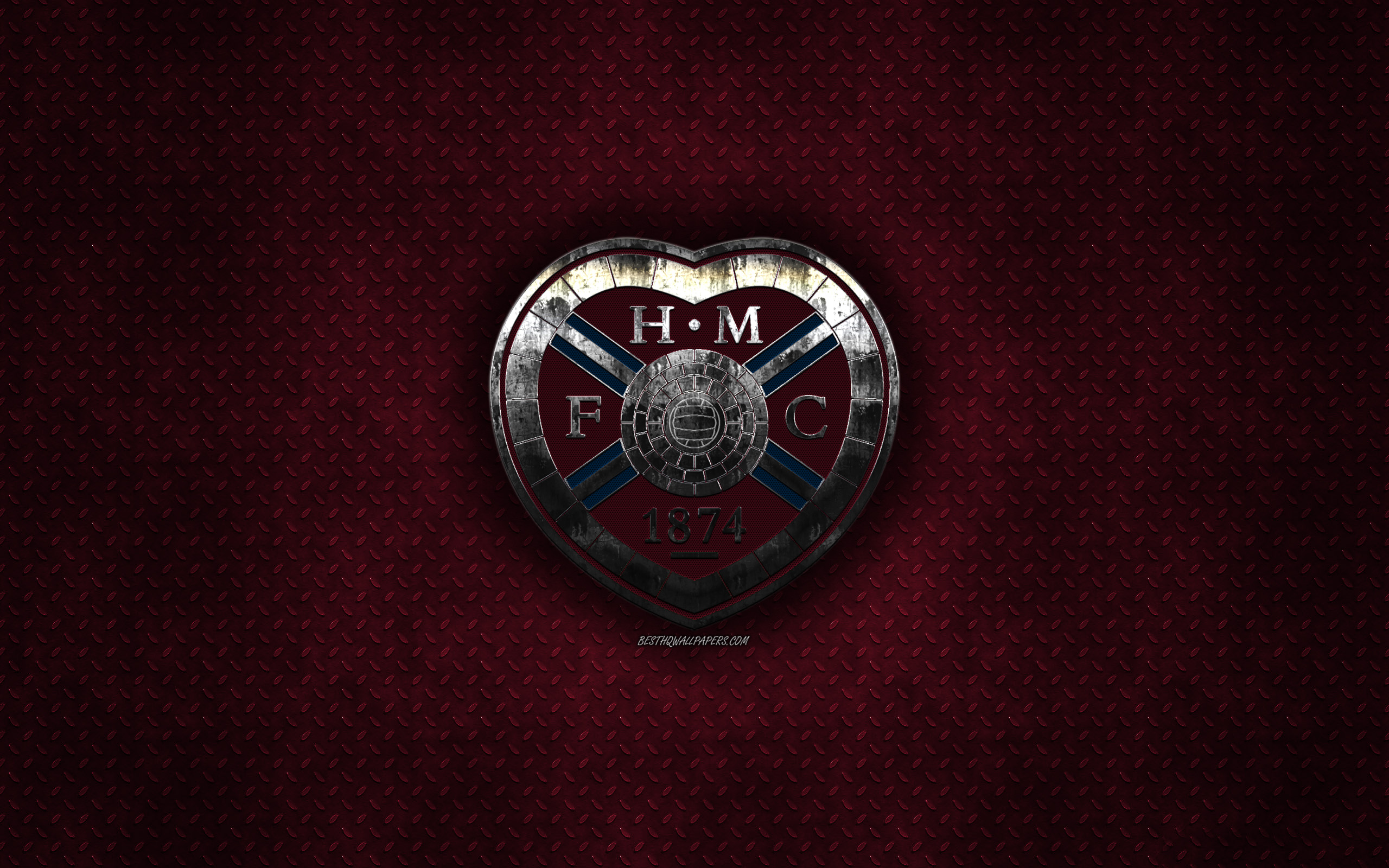 Download wallpaper Heart of Midlothian FC, Scottish football club, burgundy metal texture, metal logo, emblem, Edinburgh, Scotland, Scottish Premiership, creative art, football, Hearts FC for desktop with resolution 2560x1600. High Quality HD