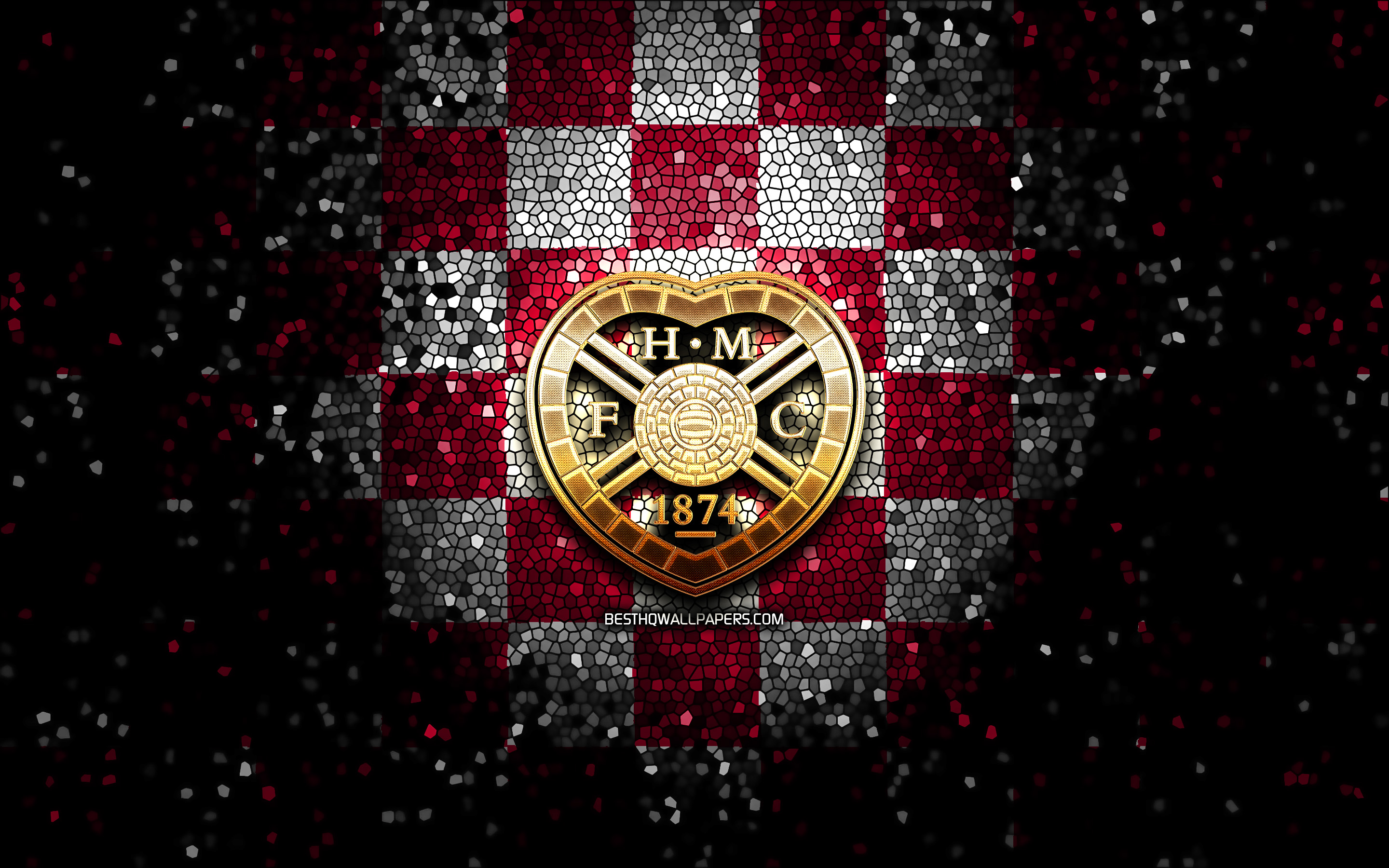 Download wallpaper Hearts FC, glitter logo, Scottish Premiership, purple white checkered background, soccer, scottish football club, Heart of Midlothian FC logo, mosaic art, football, Heart of Midlothian FC for desktop with resolution
