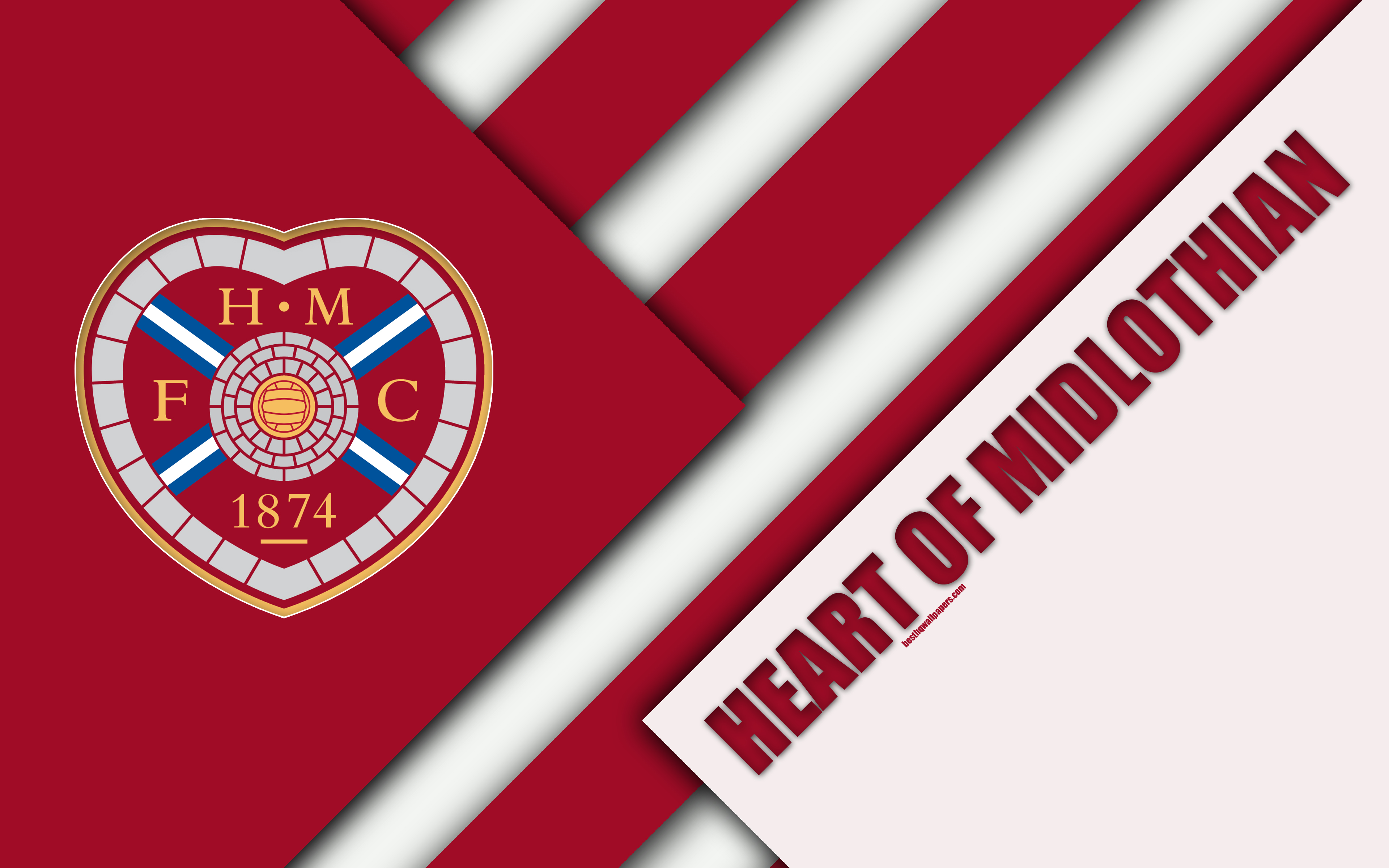 Download wallpaper Heart of Midlothian FC, 4k, material design, Scottish football club, logo, maroon white abstraction, Scottish Premiership, Edinburgh, Scotland, football for desktop with resolution 3840x2400. High Quality HD picture wallpaper