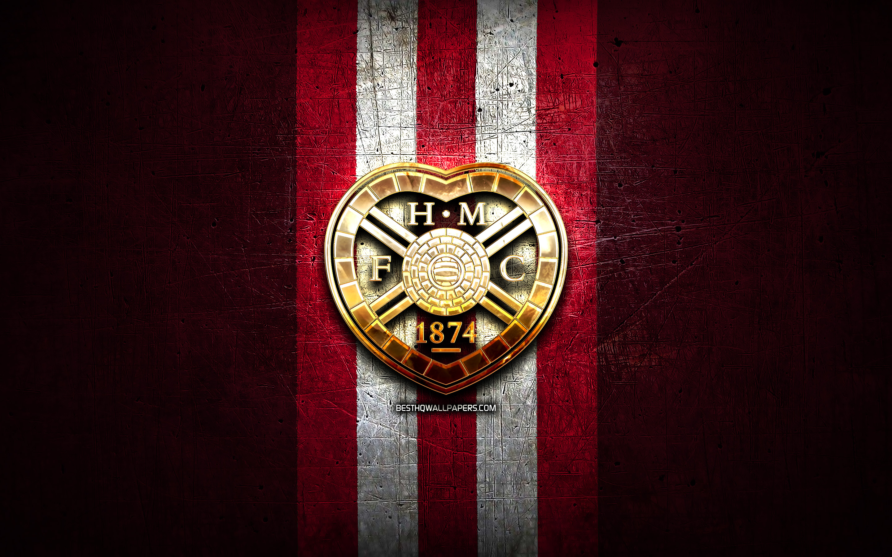 Download wallpaper Hearts FC, golden logo, Scottish Premiership, purple metal background, football, scottish football club, Heart of Midlothian logo, soccer, Heart of Midlothian FC for desktop with resolution 2880x1800. High Quality HD