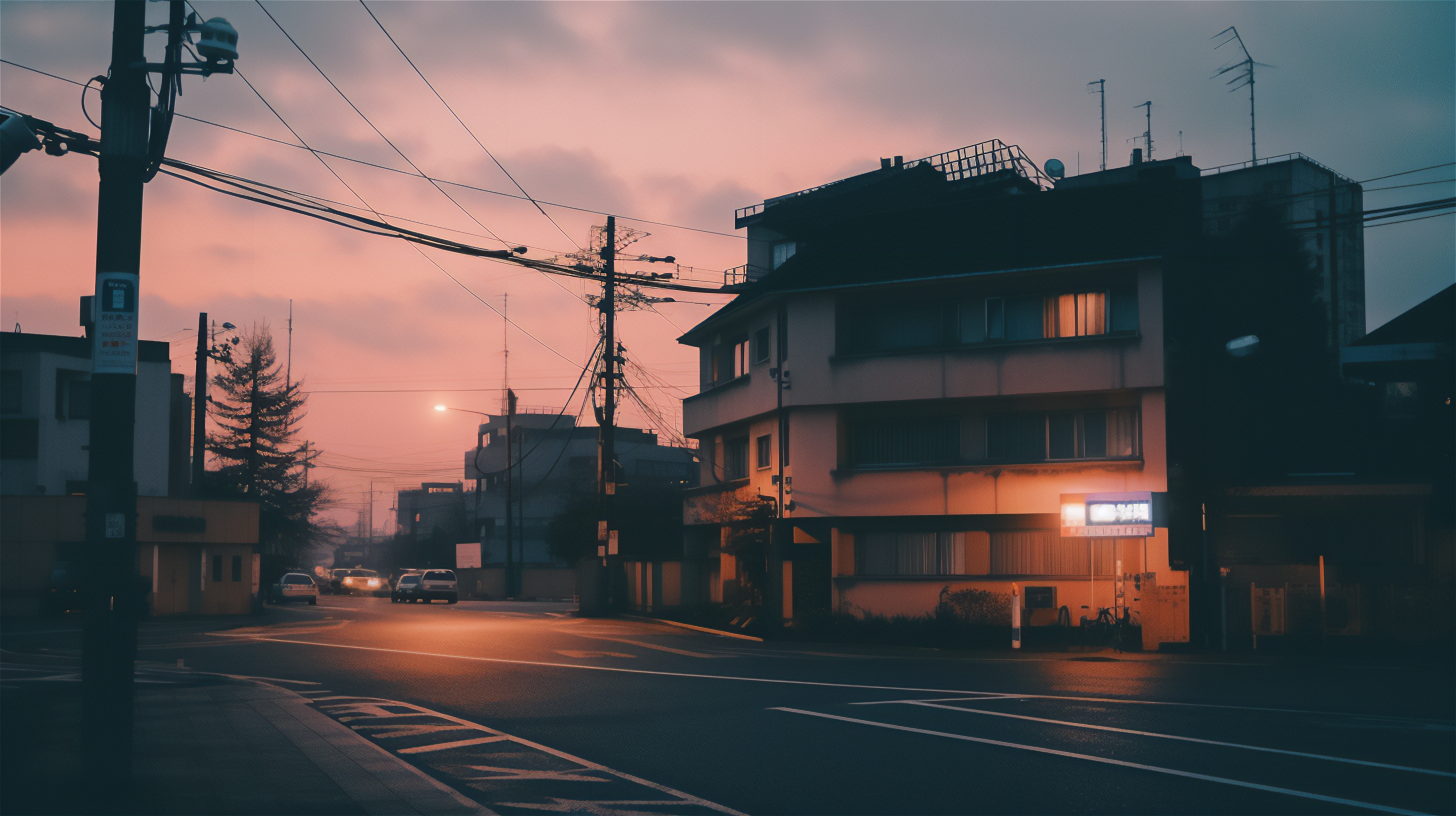 Ai Art City Street LoFi Japan Sunset Sunset Glow Building Car Wallpaper:2912x1632