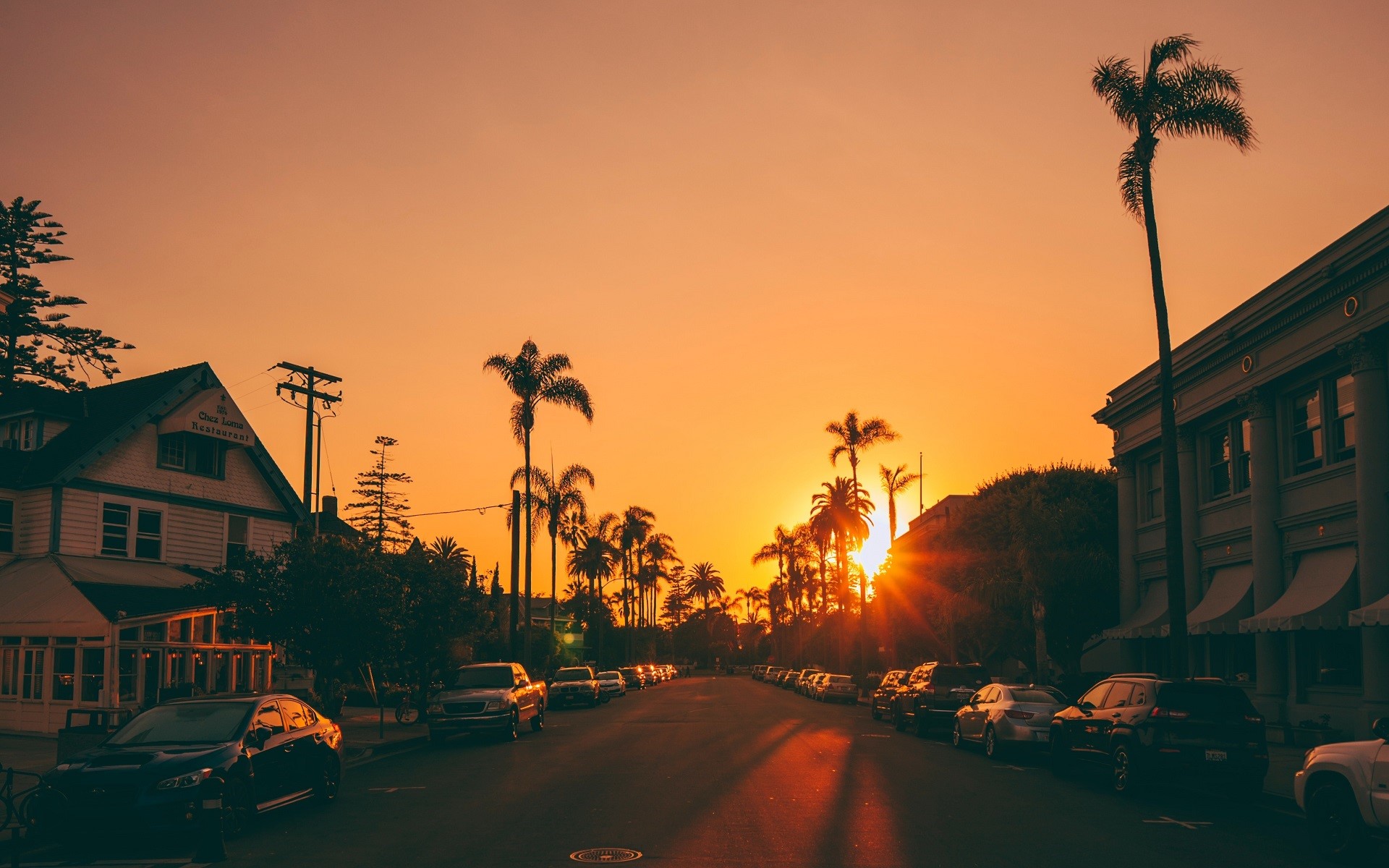sunset, urban, city, street, Sun, sunlight, car, road, palm trees Gallery HD Wallpaper