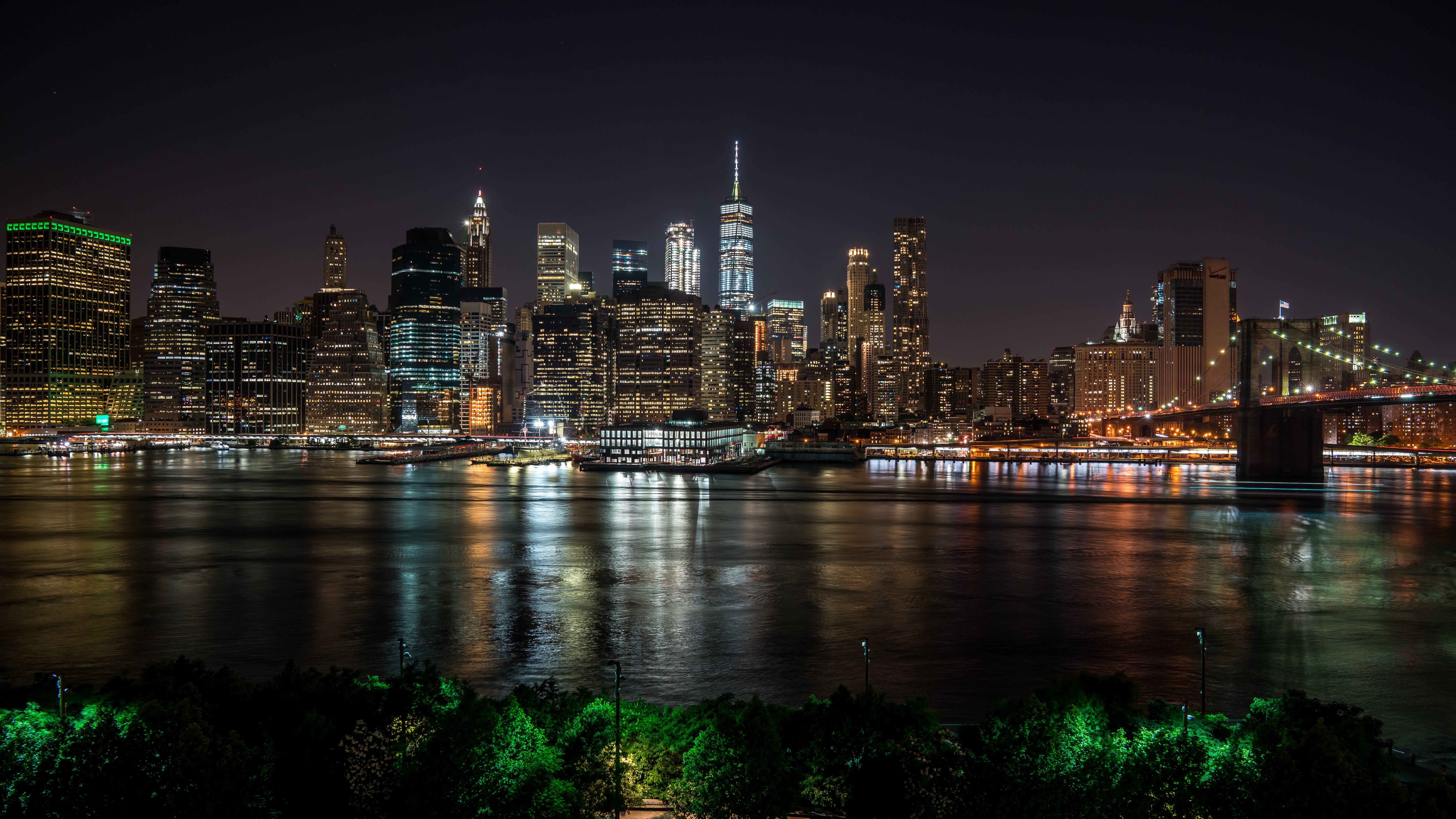 Wallpaper New York at night, city, river, skyscrapers, lights, USA 7680x4320 UHD 8K Picture, Image