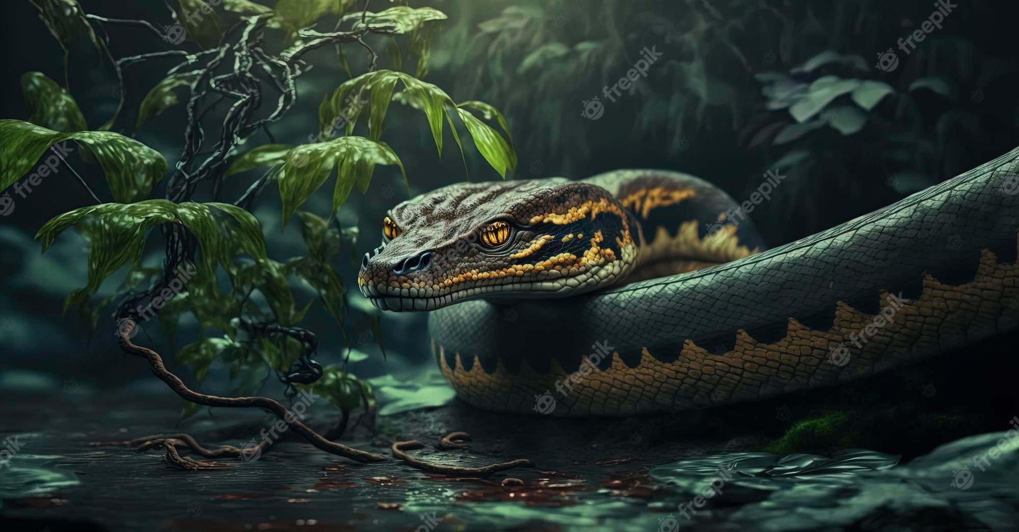 Premium Photo. Large anaconda snake is laying on the ground detailed photo of photography of a anaconda snake in a jungle