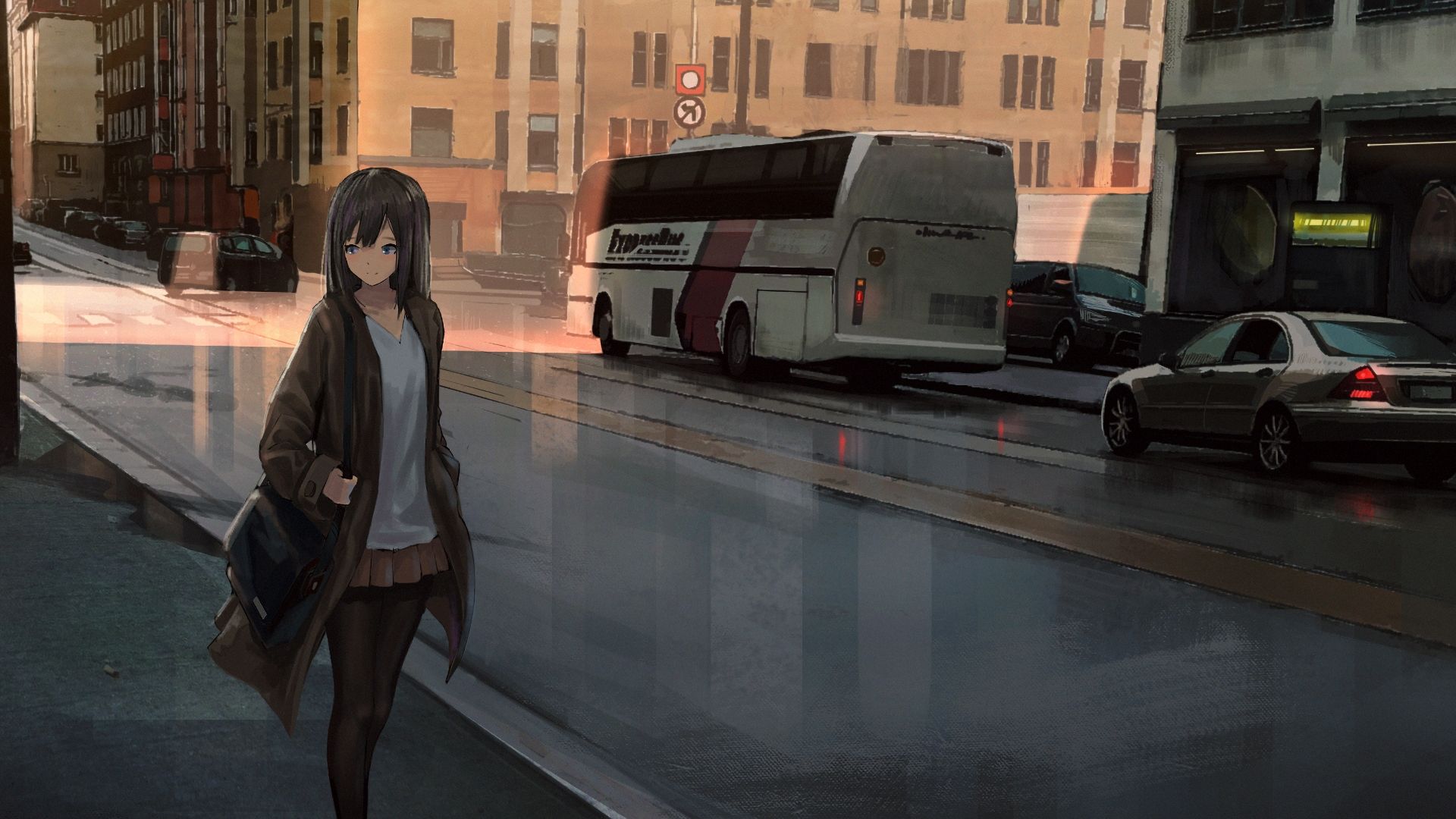 Desktop Wallpaper Lone Walk, Street, Road, Anime Girl, HD Image, Picture, Background, S W3tt
