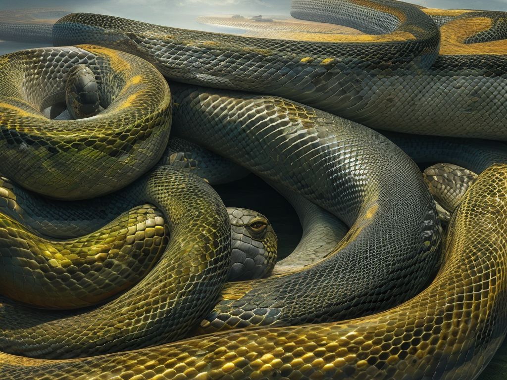 Oily Sparrow547: Fourheaded Giant Anaconda Entangled With Other Snakes, 3D, HD, Fantasy, Photorealistic, Deep Colors, Cinematic Lighting, Wide View, Perspective Post Apocalyptic