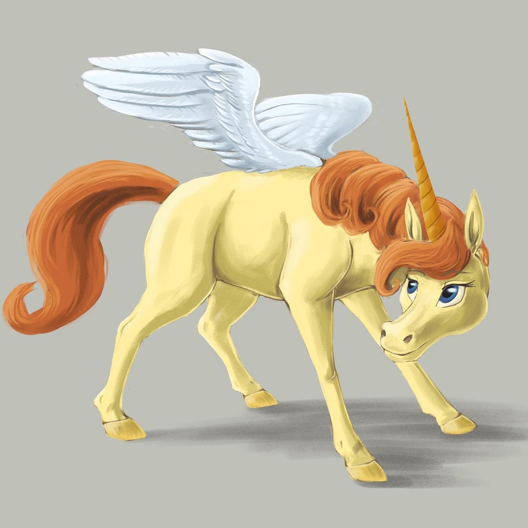 safe, artist:dwsee.art, kleo (kleo the misfit unicorn), alicorn, equine, fictional species, mammal, feral, kleo the misfit unicorn, female, front view, fur, gray background, hair, mane, orange hair, orange mane, simple