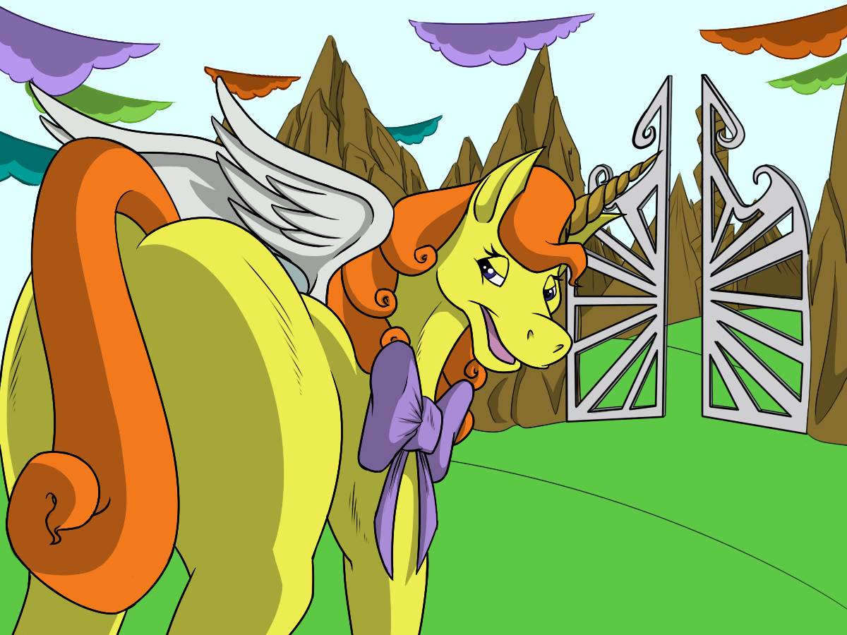 suggestive, artist:faction87, kleo (kleo the misfit unicorn), alicorn, equine, fictional species, mammal, feral, kleo the misfit unicorn, bedroom eyes, butt, female, fur, hair, looking at you, looking back, looking back