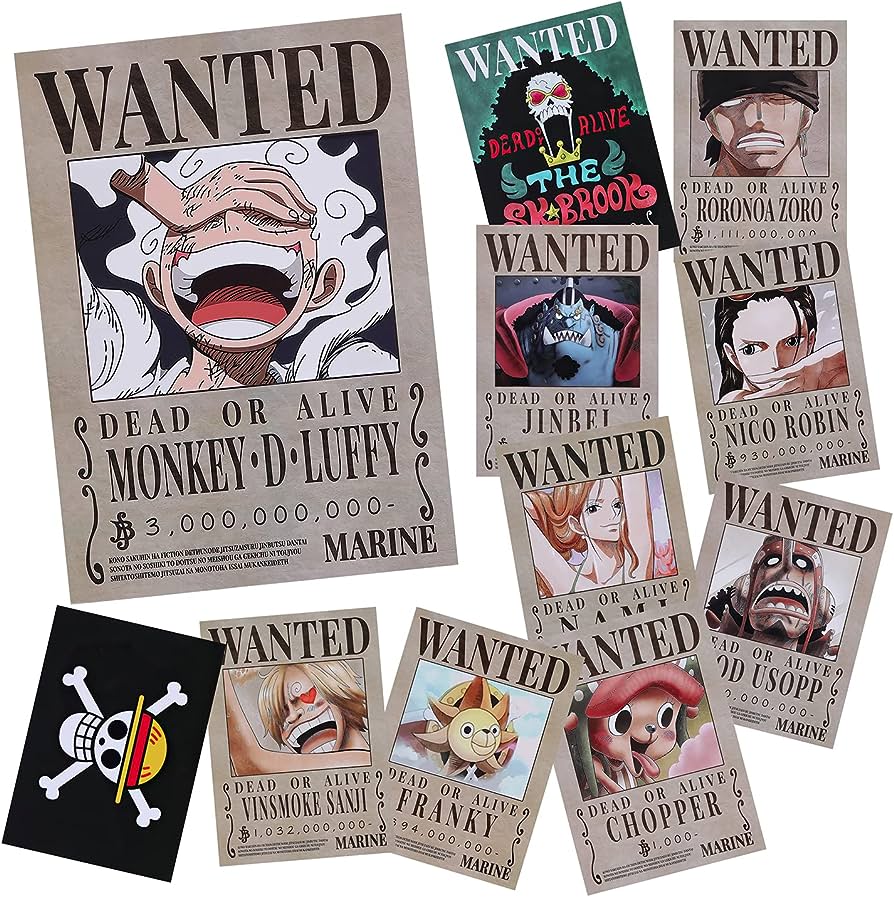 CNMLGB 11 PCS Nika Luffy 3 billion Wanted Bounty Paper Poster 10 Straw Hat Pirates Crew Zoro Sanji Nami Usopp Chopper Robin Franky Brook Jinbei 1 PC Flag (11×8 in): Posters & Prints