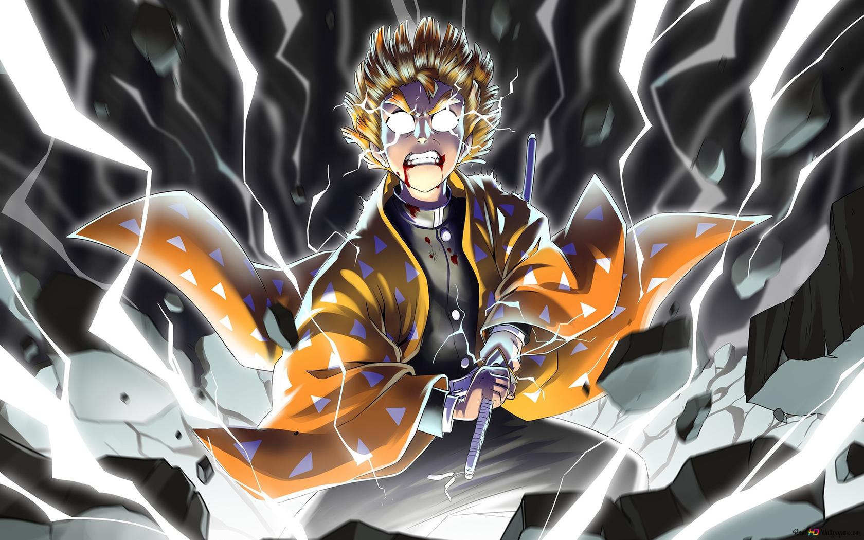 Zenitsu lightning breathing technique first form back paln black and lightnings HD wallpaper download