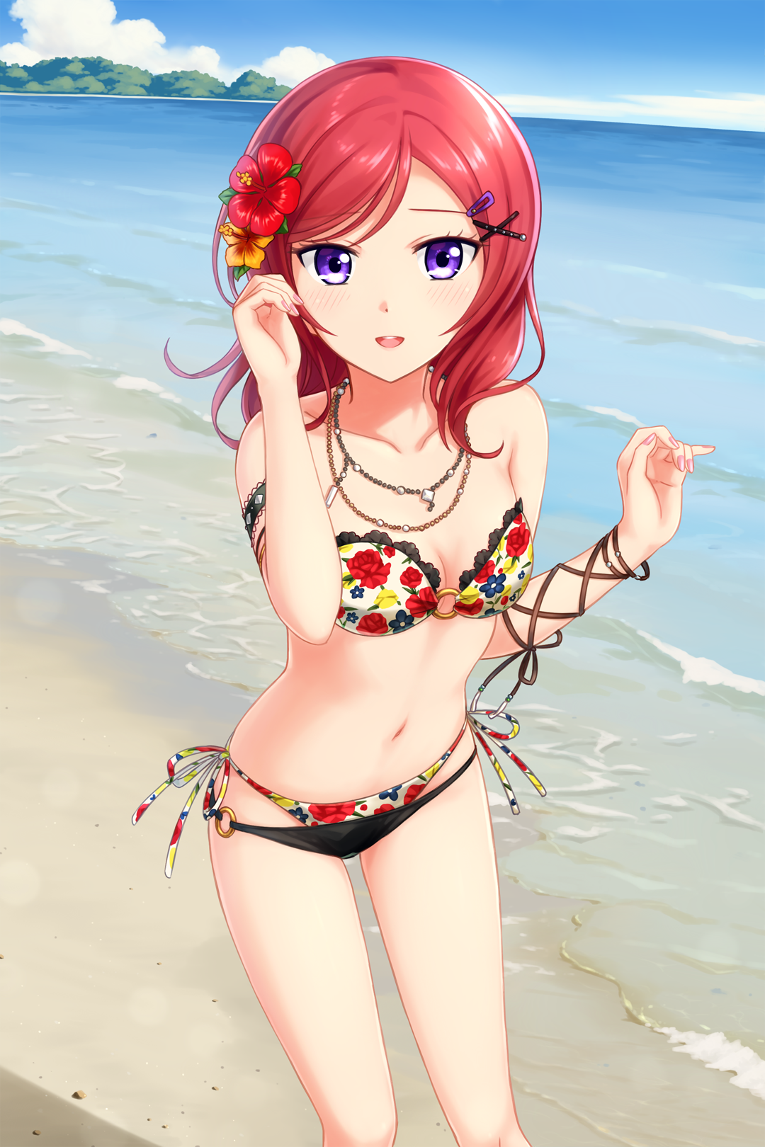 Wallpaper, anime girls, Love Live, redhead, purple eyes, short hair, beach, sea, bikini, Nishikino Maki 1080x1620