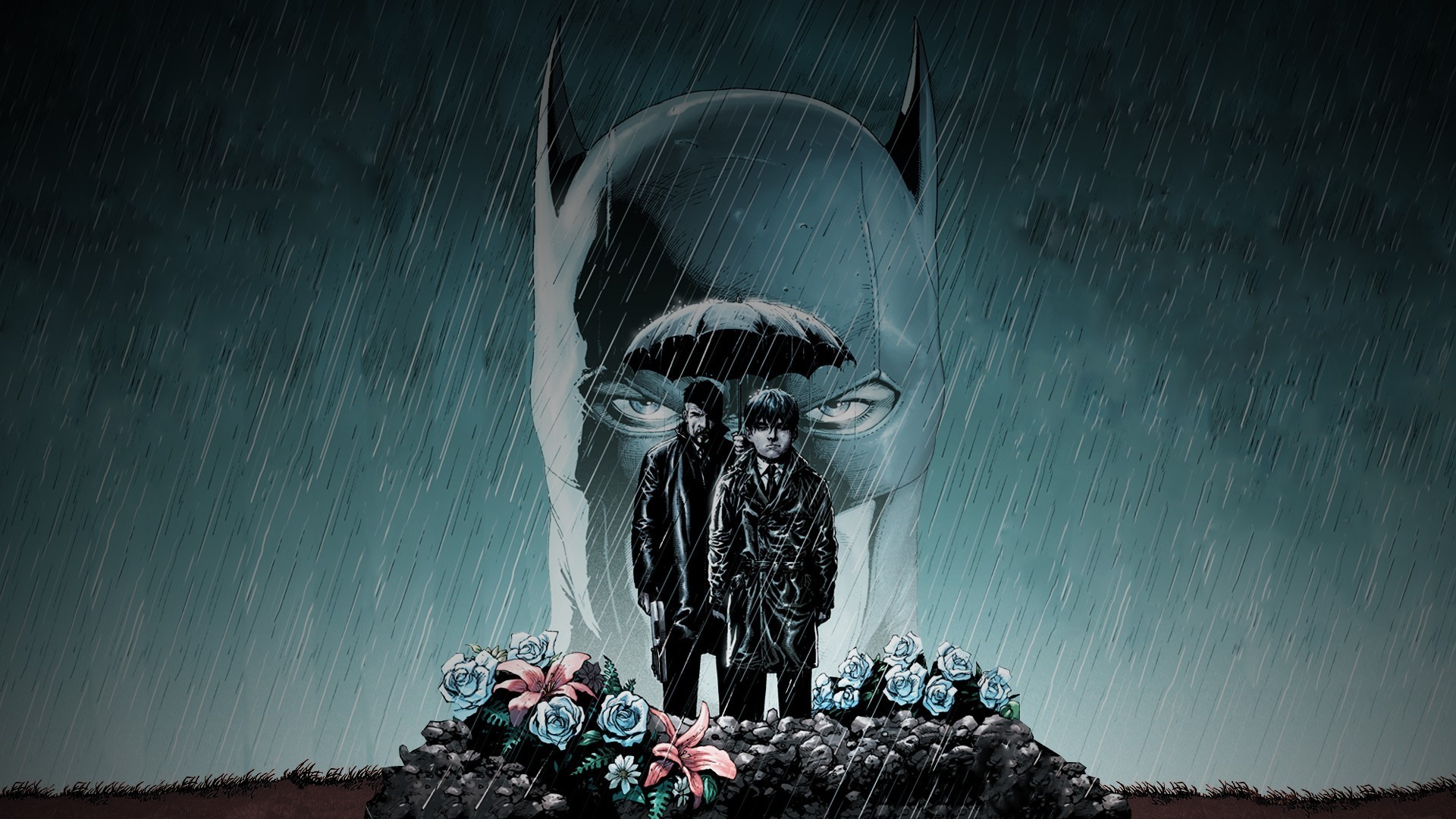 Download wallpaper fantasy, Batman, rain, umbrella, art, flowers, man, boy, mood, sadness, comics, grave, roses, artwork, mask, superhero, section fantasy in resolution 1920x1080