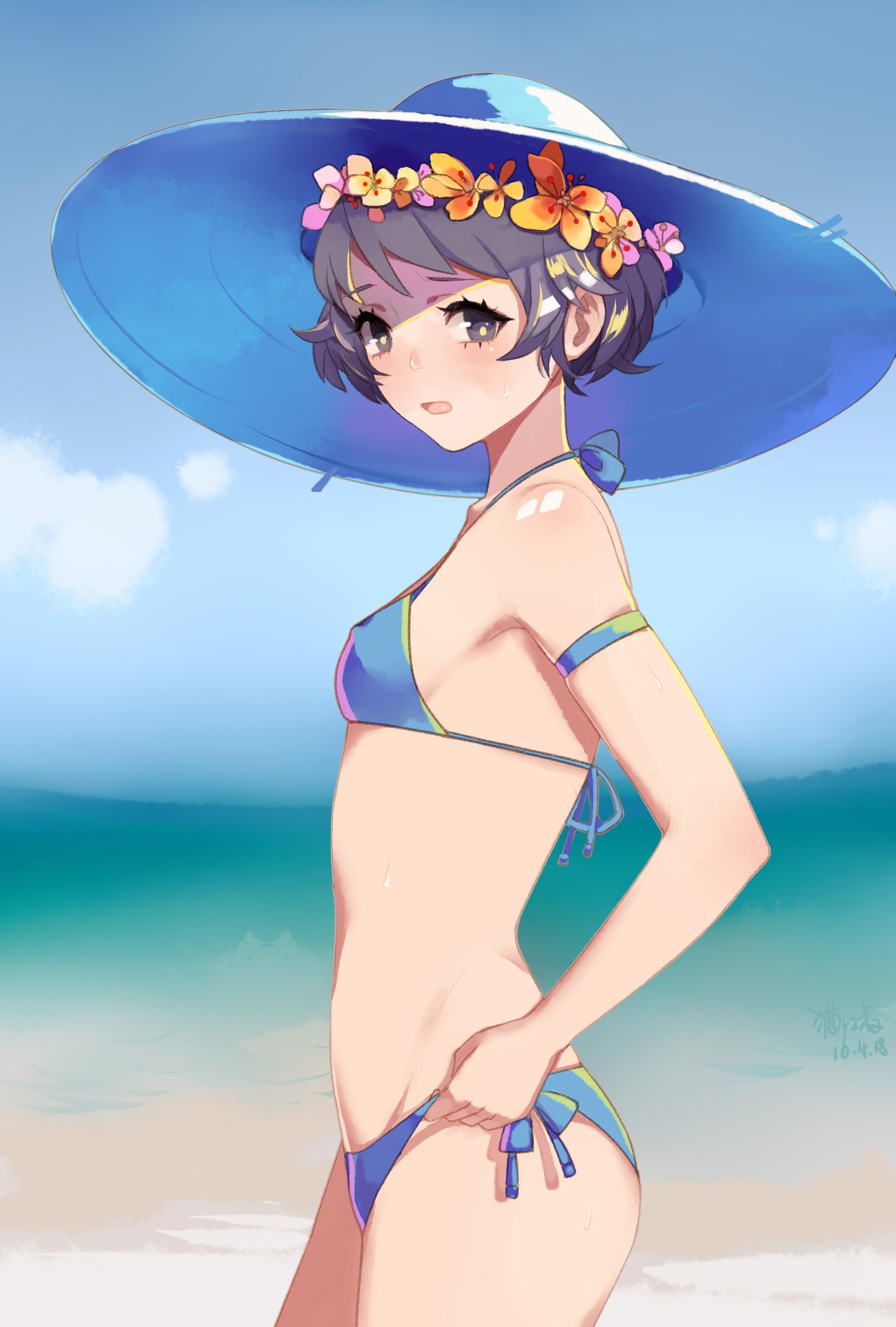 Wallpaper, anime girls, bikini, hat, short hair, sea, beach 1181x1748