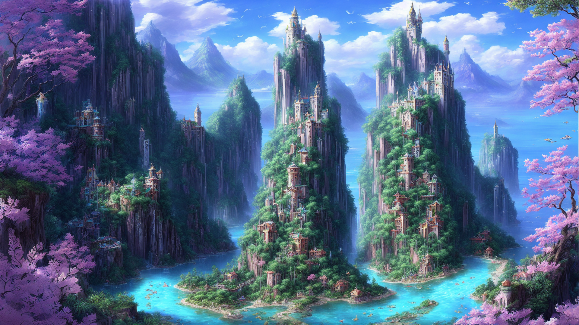 Wallpaper, water, landscape, fantasy castle 1920x1080