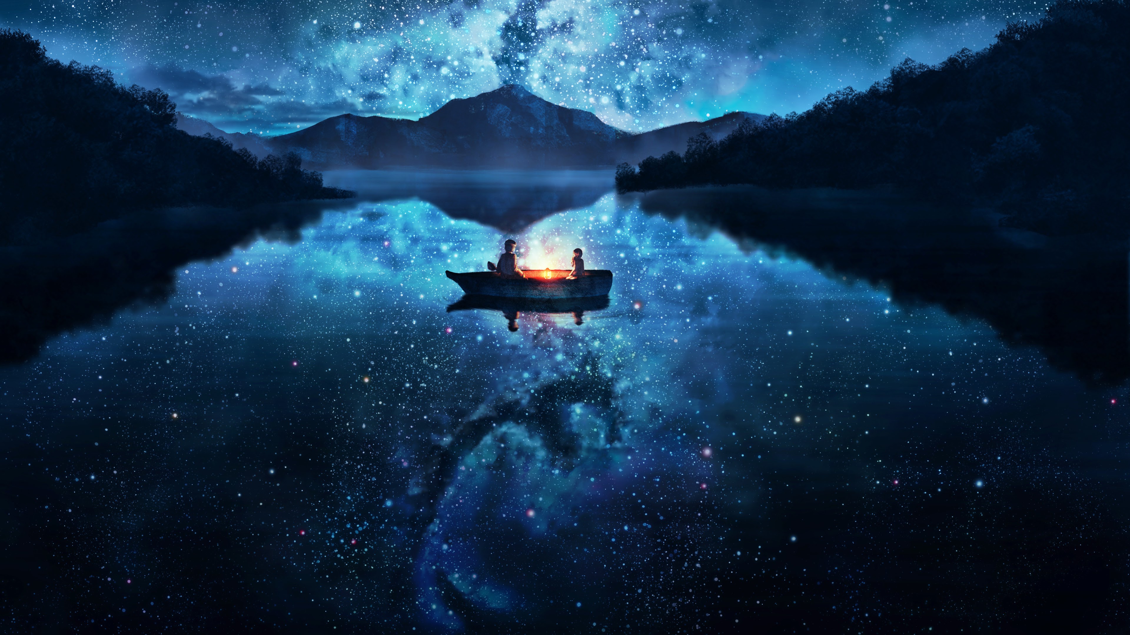 Anime Scenery Lake Night Stars 4K Wallpaper