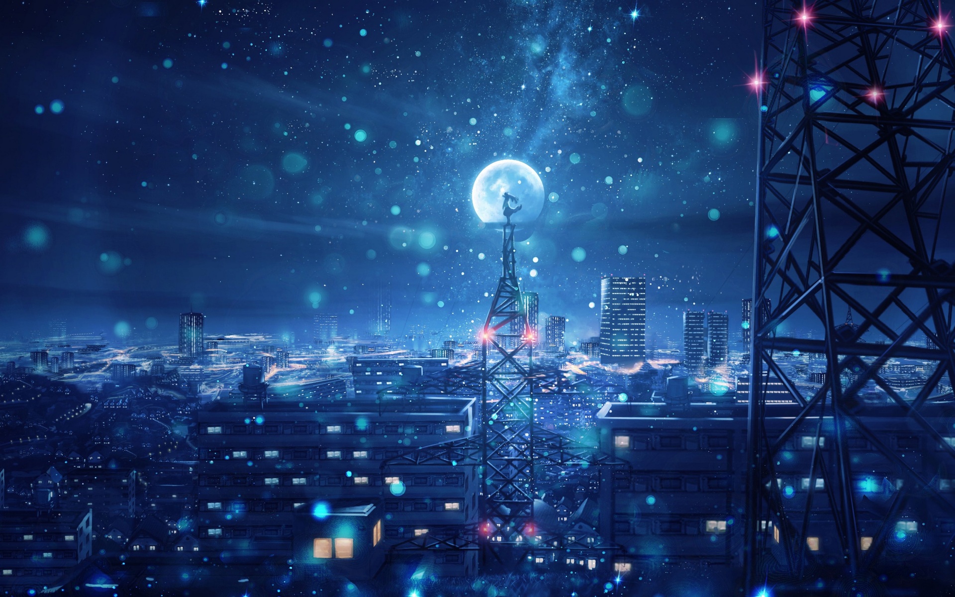 Wallpaper 4k Blue Night Big Moon Anime Scenery Wallpaper
