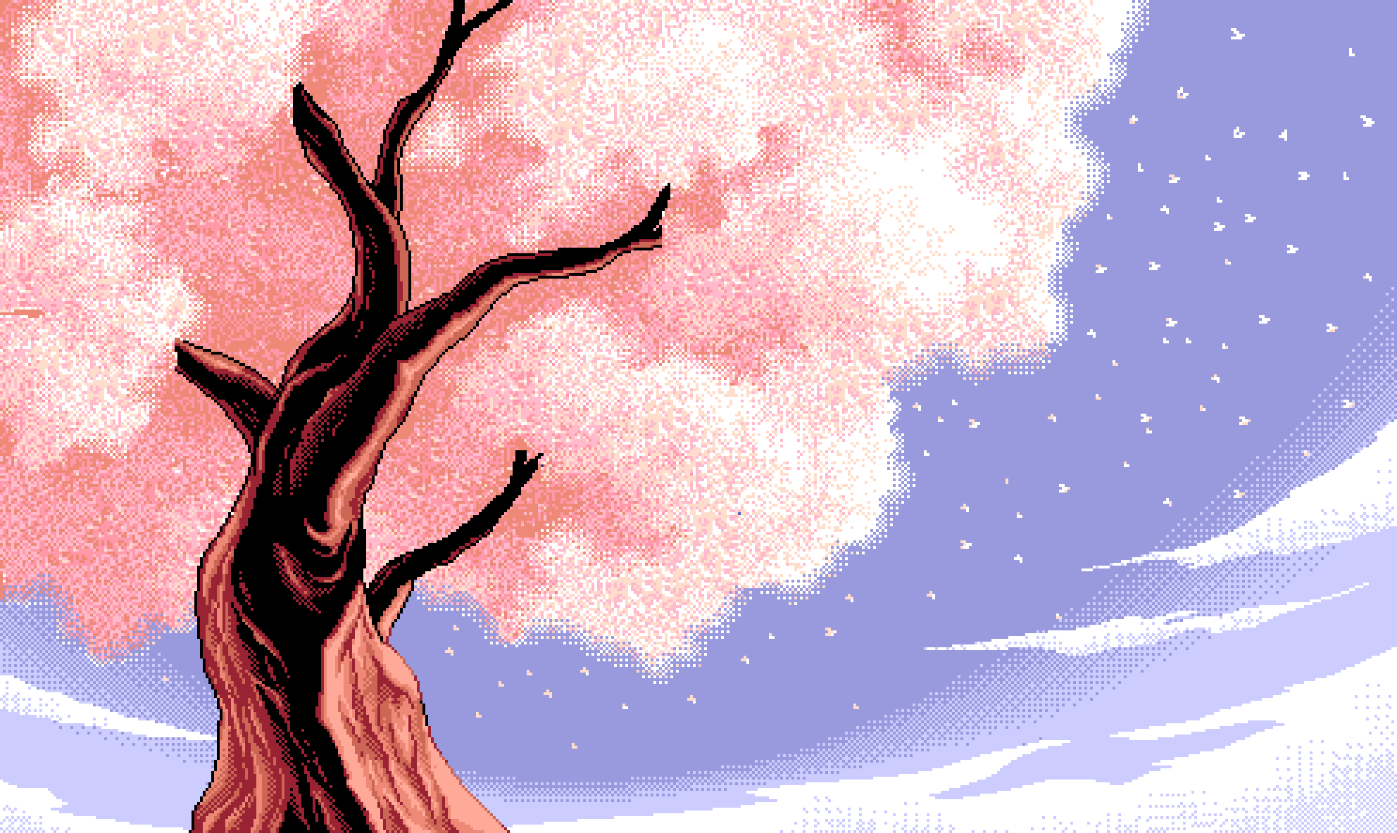 Wallpaper, pixel art, cherry trees, cherry blossom, pink, pixelated, petals 1984x1184
