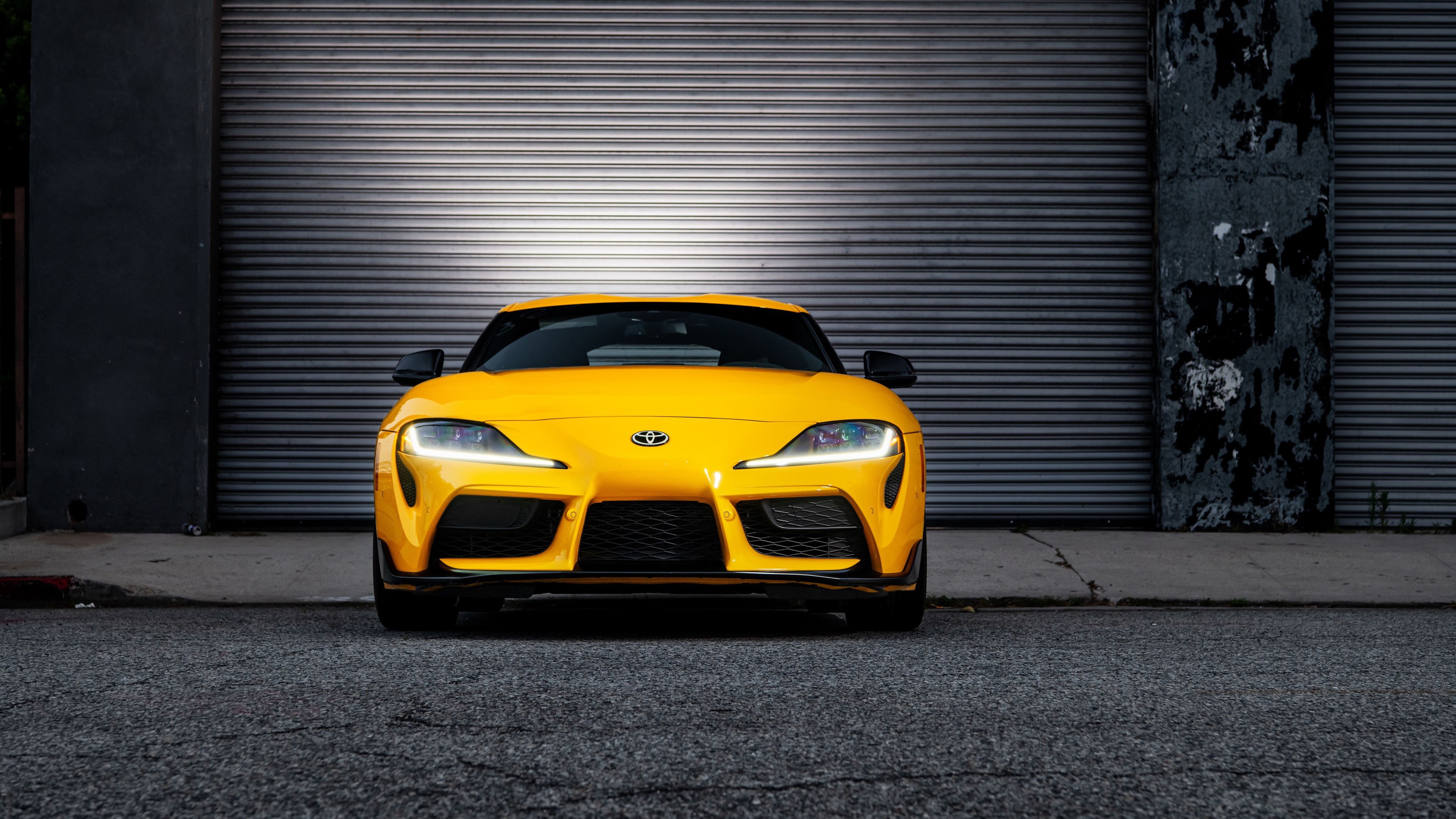 4K, yellow cars, Toyota Supra MK5, Toyota Supra, Toyota, street, garages, vehicle, frontal view, car Gallery HD Wallpaper
