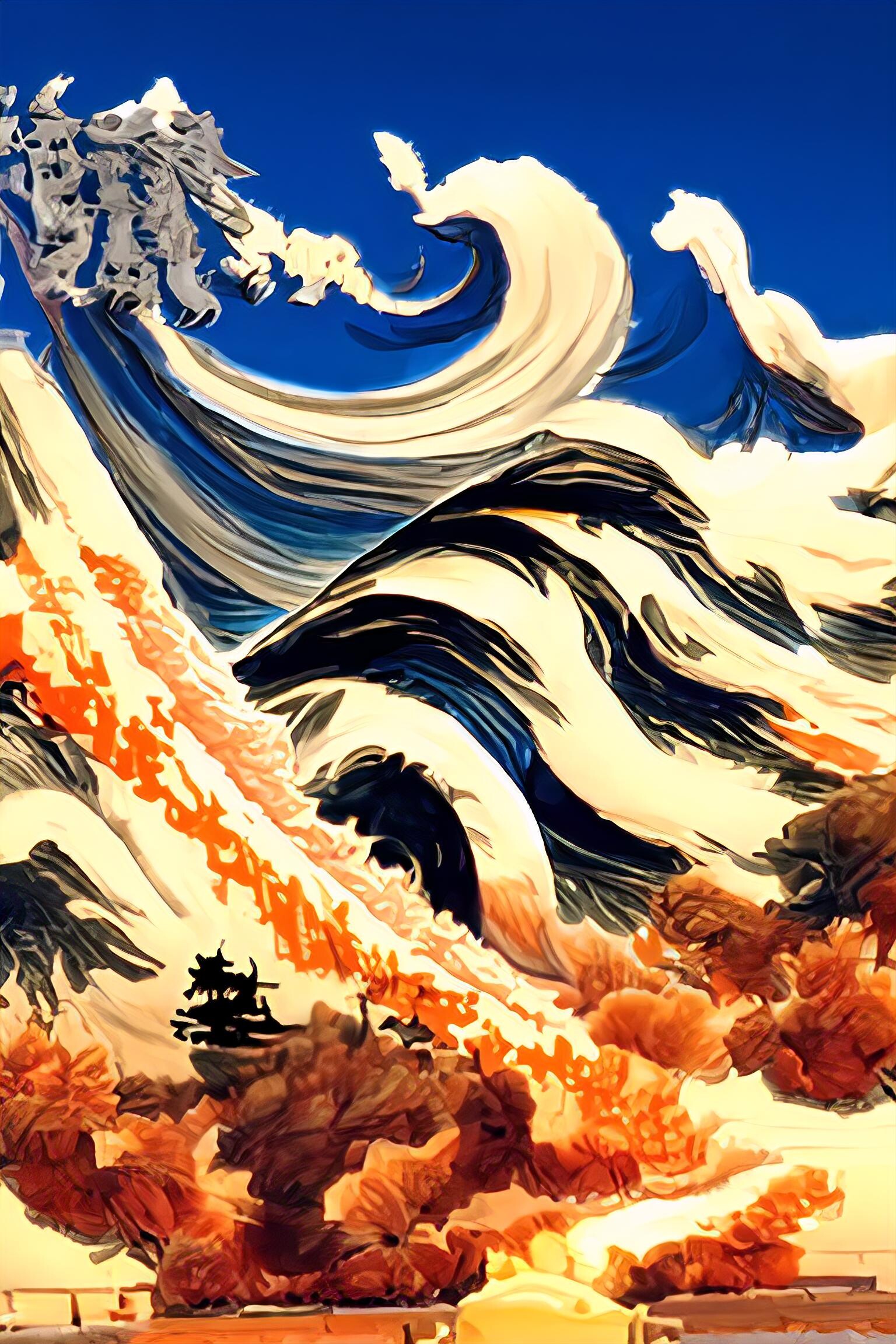 Waves and Fuji, in the style of Hokusai