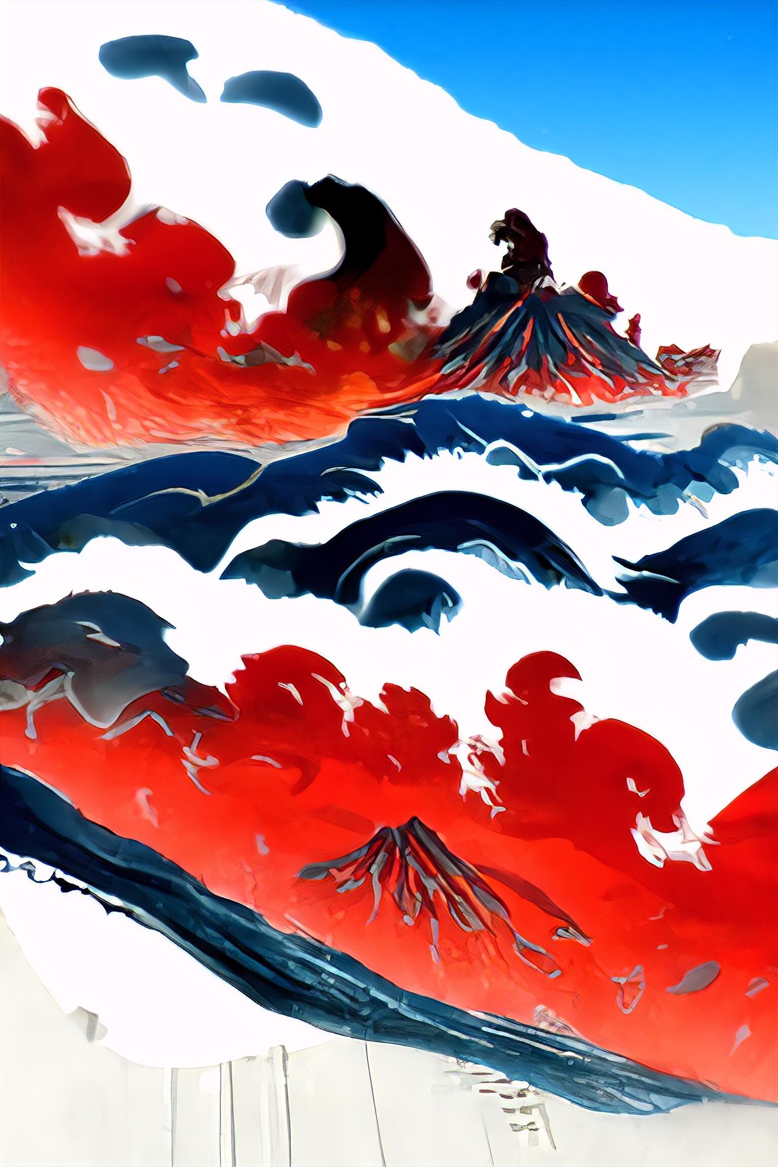 Waves and Fuji, in the style of Hokusai