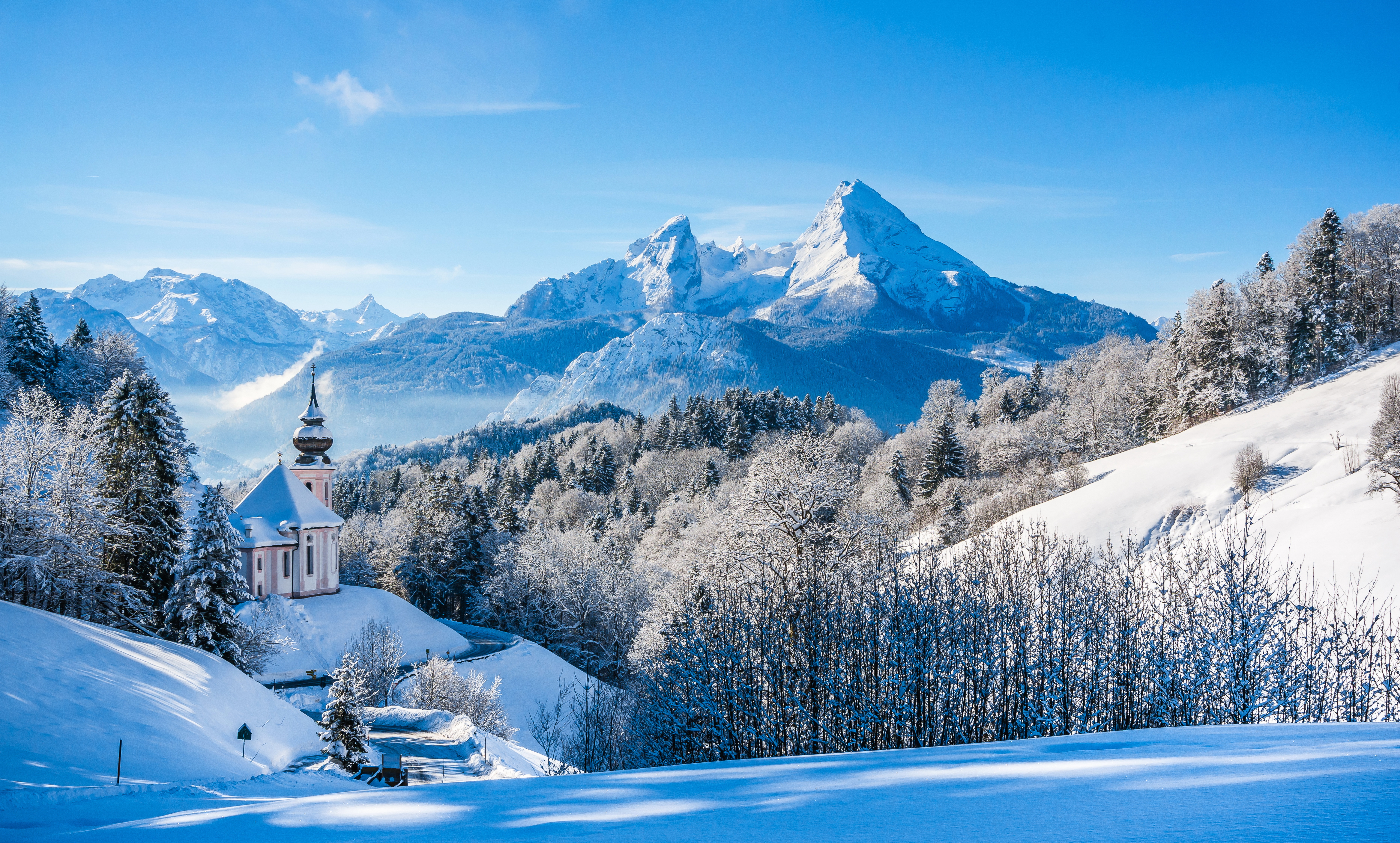 Germany, Church, 8K, Bavarian Alps, Winter landscape Gallery HD Wallpaper