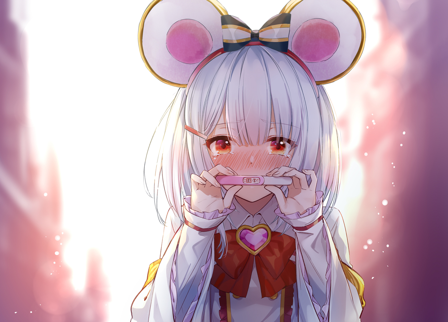 Wallpaper, anime girls, mouse ears, white hair, red eyes, embarrassed 1500x1078