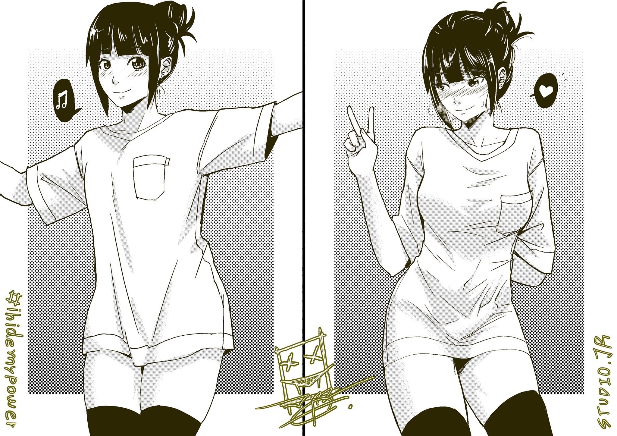 Wallpaper / Anime, Anime Girls, Monochrome, 2D, Artwork, Thighs, Black Stockings, White T Shirt, Peace Sign, Embarrassed, Looking At Viewer, Black Hair, Long Hair, Black Eyes, Hashtags Free Download