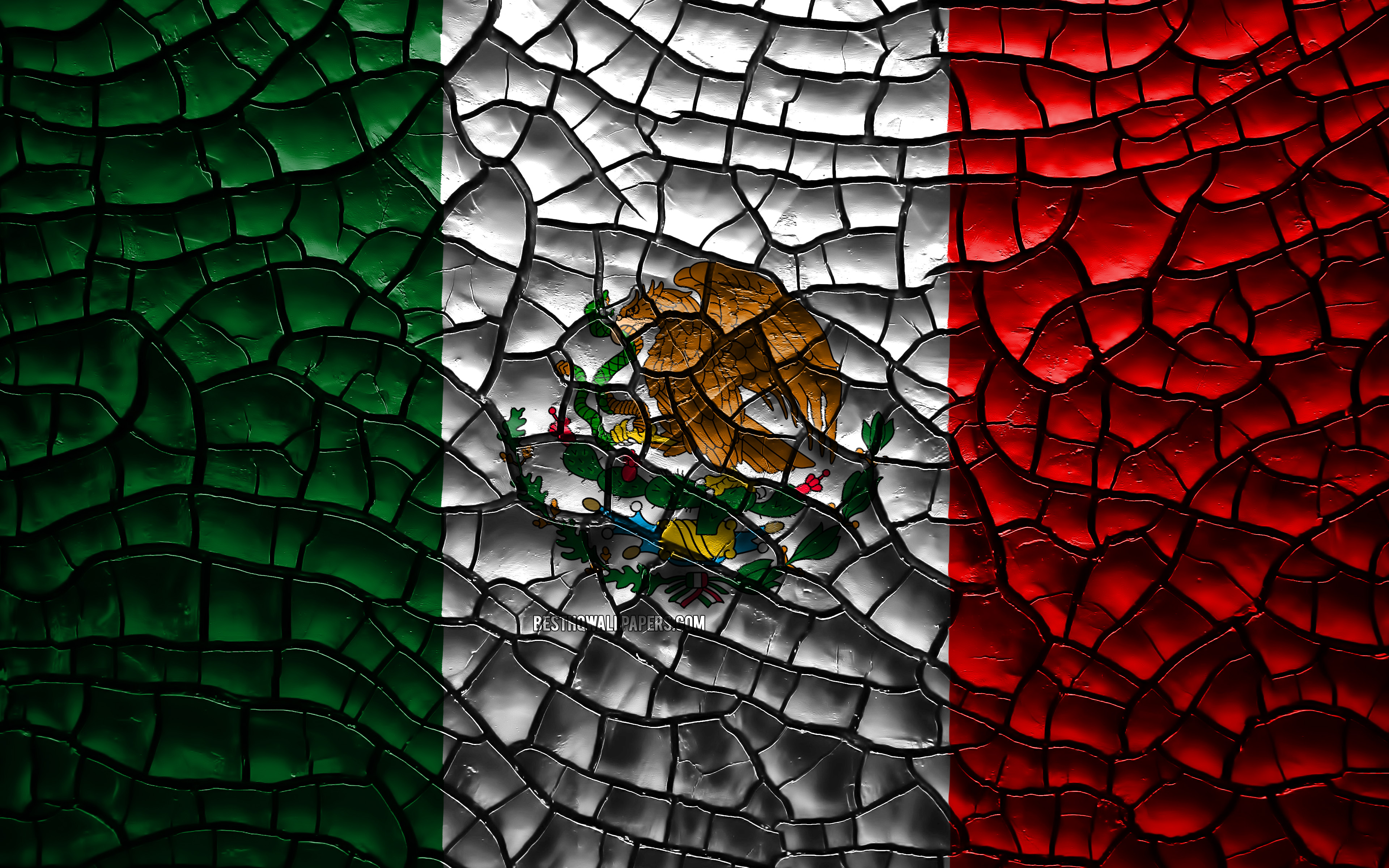 Download wallpaper Flag of Mexico, 4k, cracked soil, North America, Mexican flag, 3D art, Mexico, North American countries, national symbols, Mexico 3D flag for desktop with resolution 3840x2400. High Quality HD picture