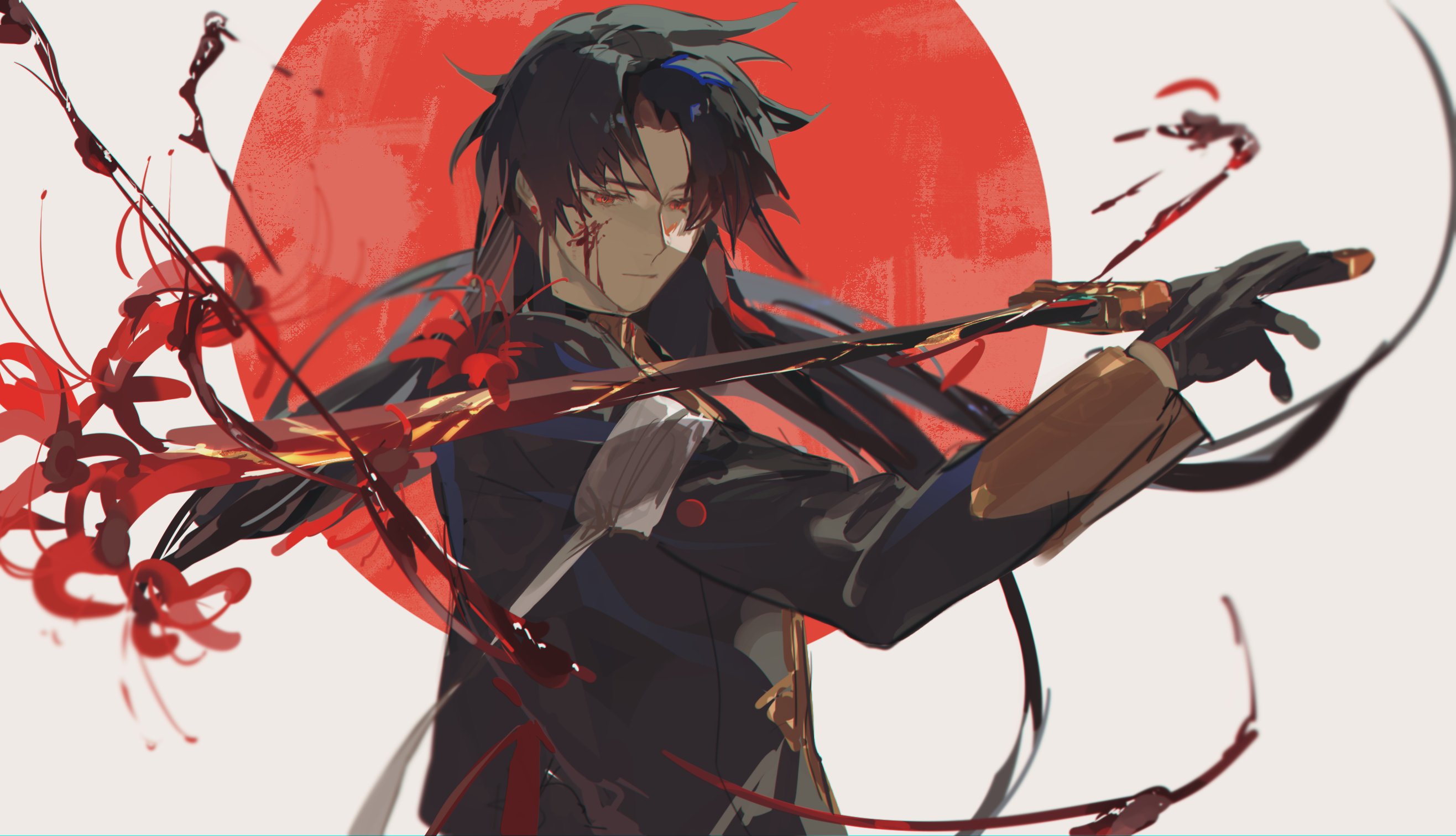 long hair, Blade (Honkai: Star Rail), anime boys, sword, Honkai: Star Rail, gloves, flowers, weapon, blood, simple backgroundx1512 Wallpaper