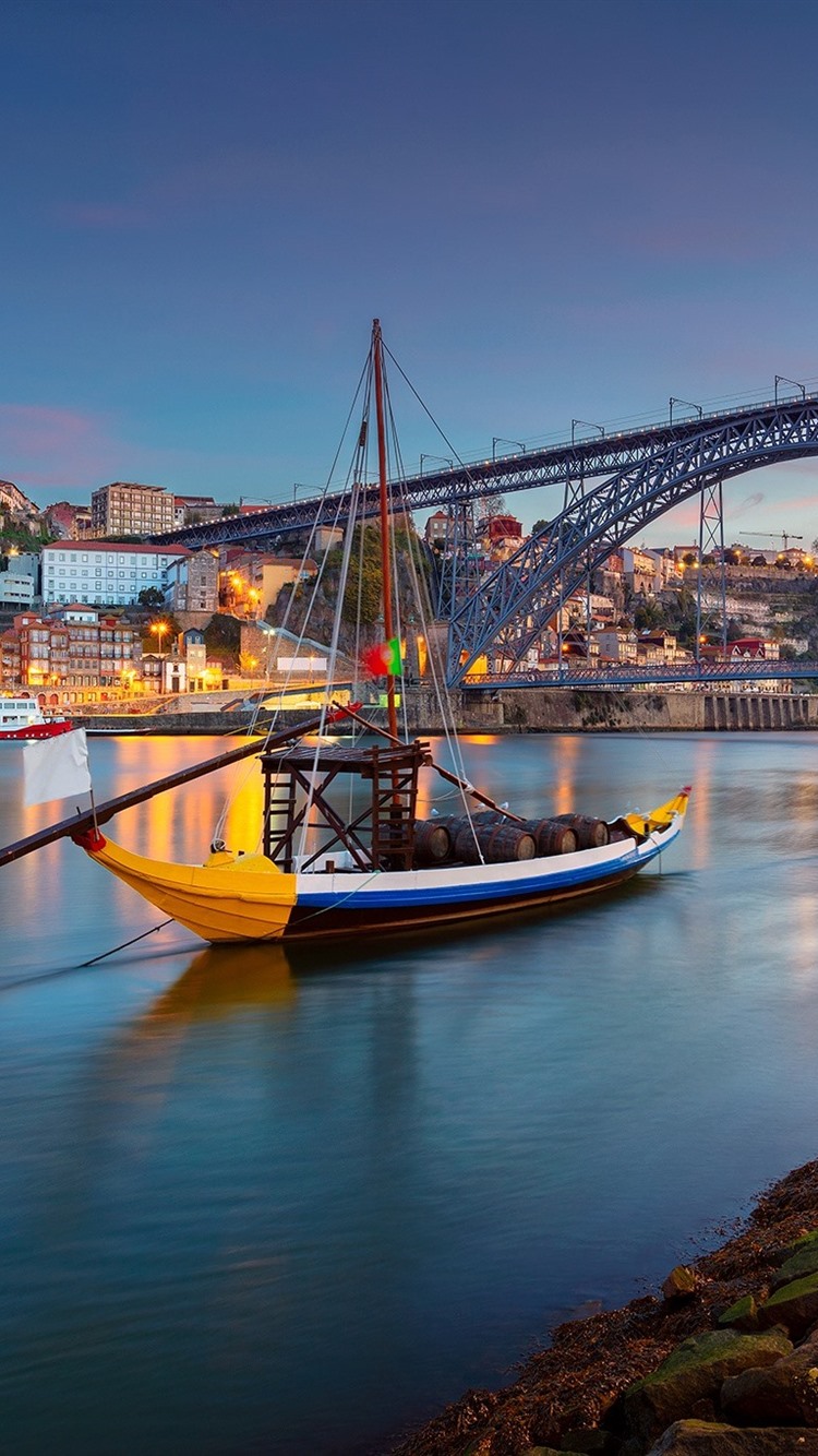 Portugal, Porto, City, River, Boat, Bridge, Lights, Dusk 750x1334 IPhone 8 7 6 6S Wallpaper, Background, Picture, Image