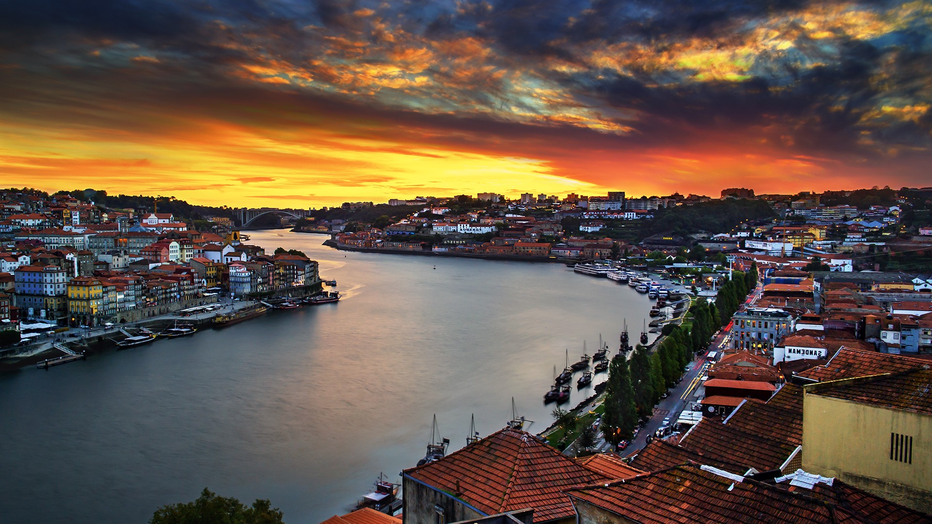 Wallpaper, 1920x1080 px, boat, bridge, house, landscape, overcast, Porto, Portugal, river, sunset 1920x1080