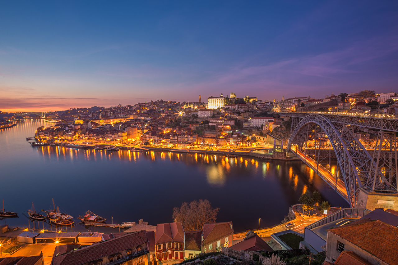 Picture Porto Portugal Bridges Rivers night time Cities