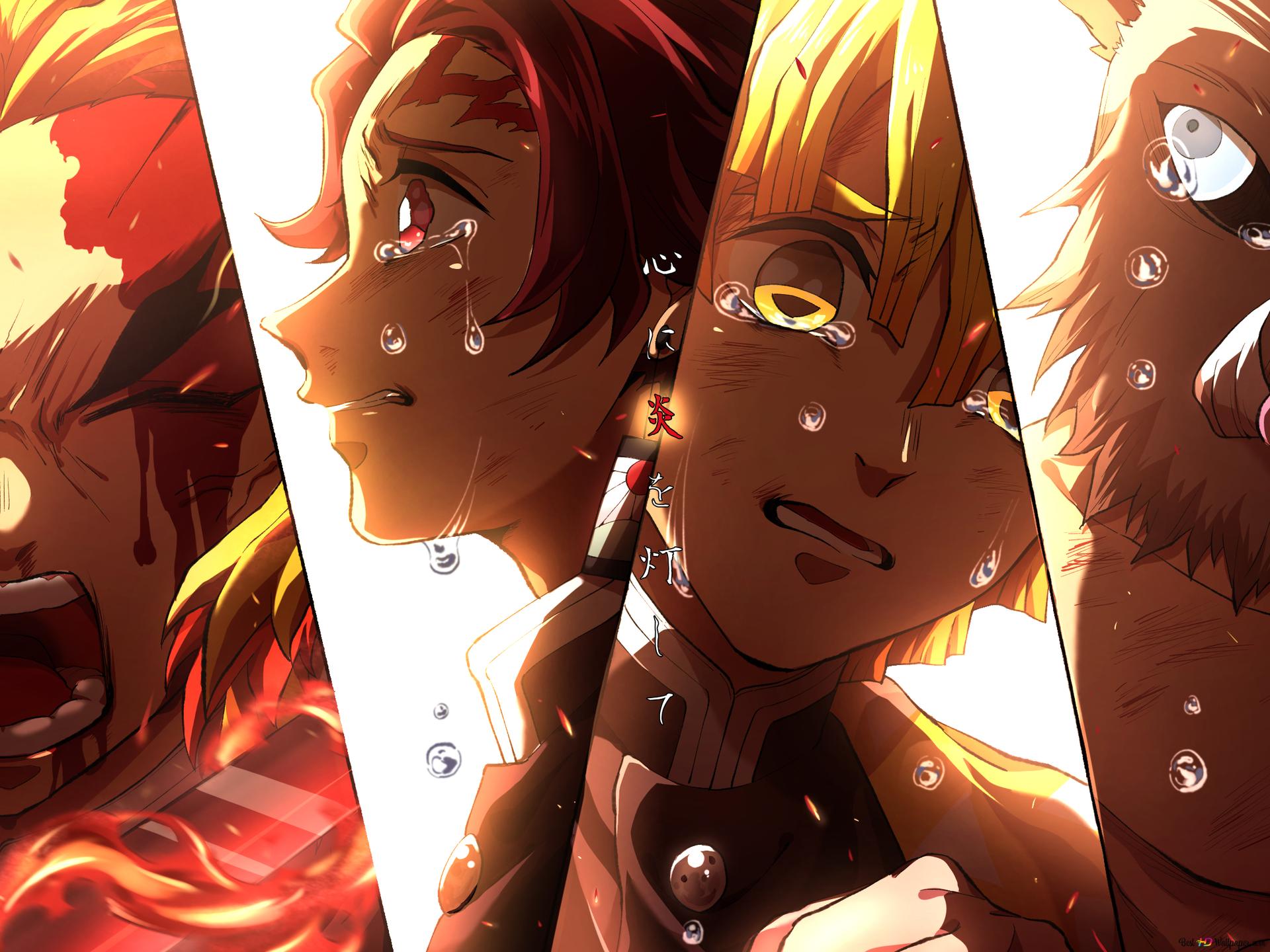 Demon slayers crying, Kyojuro, Tanjiro and Zenitsu 2K wallpaper download
