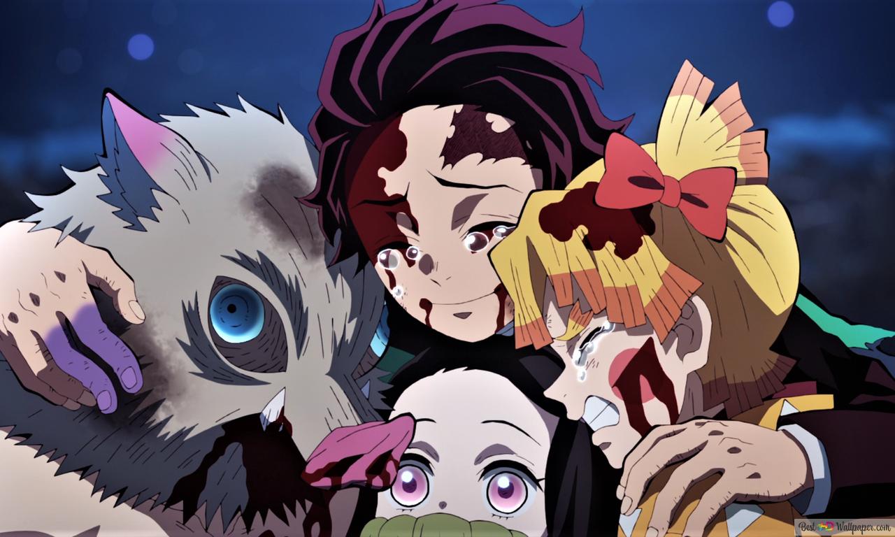 Demon slayer: kimetsu no yaiba inosuke hashibira nezuko and tanjiro kamado zenitsu agatsuma 4K wallpaper download