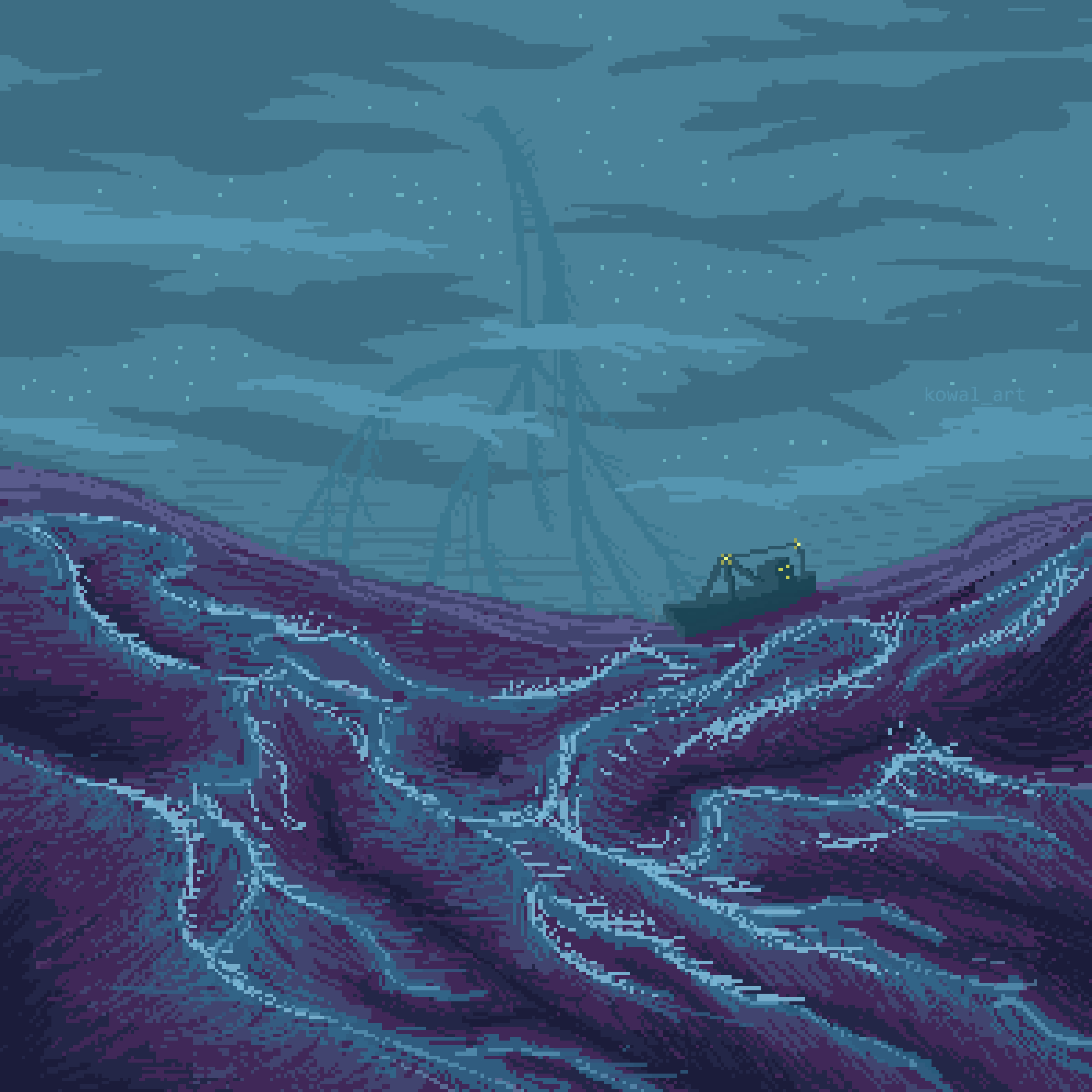 Dark Water Pixel Art KowalArt Storm Sea Waves Lightning Wallpaper:3375x3375
