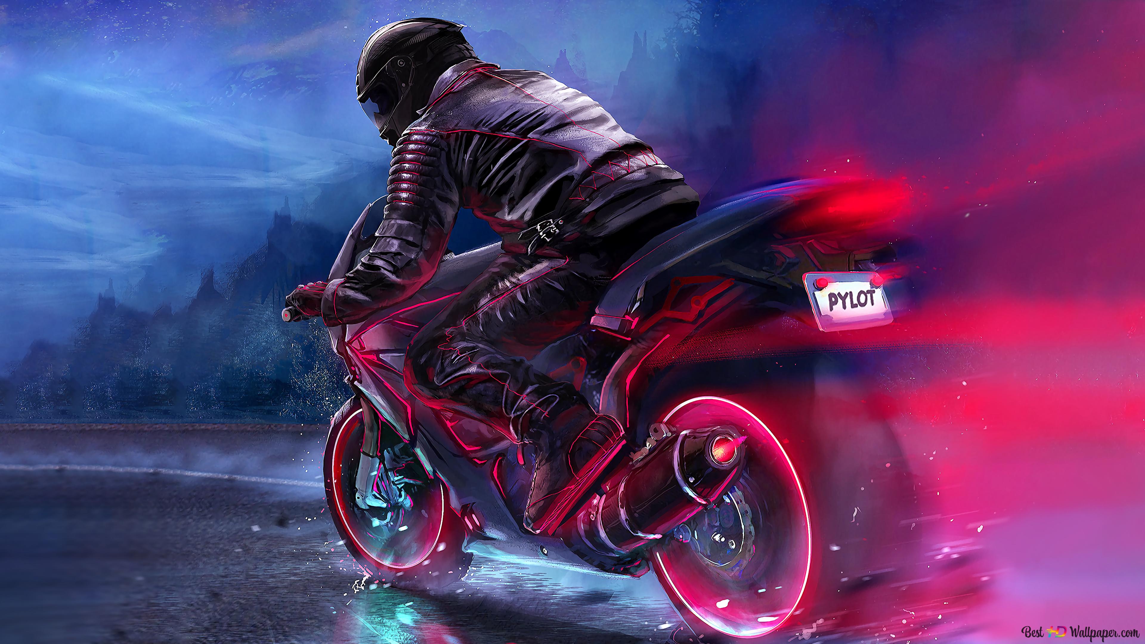 Biker Motorcycle Retrowave 8K wallpaper download