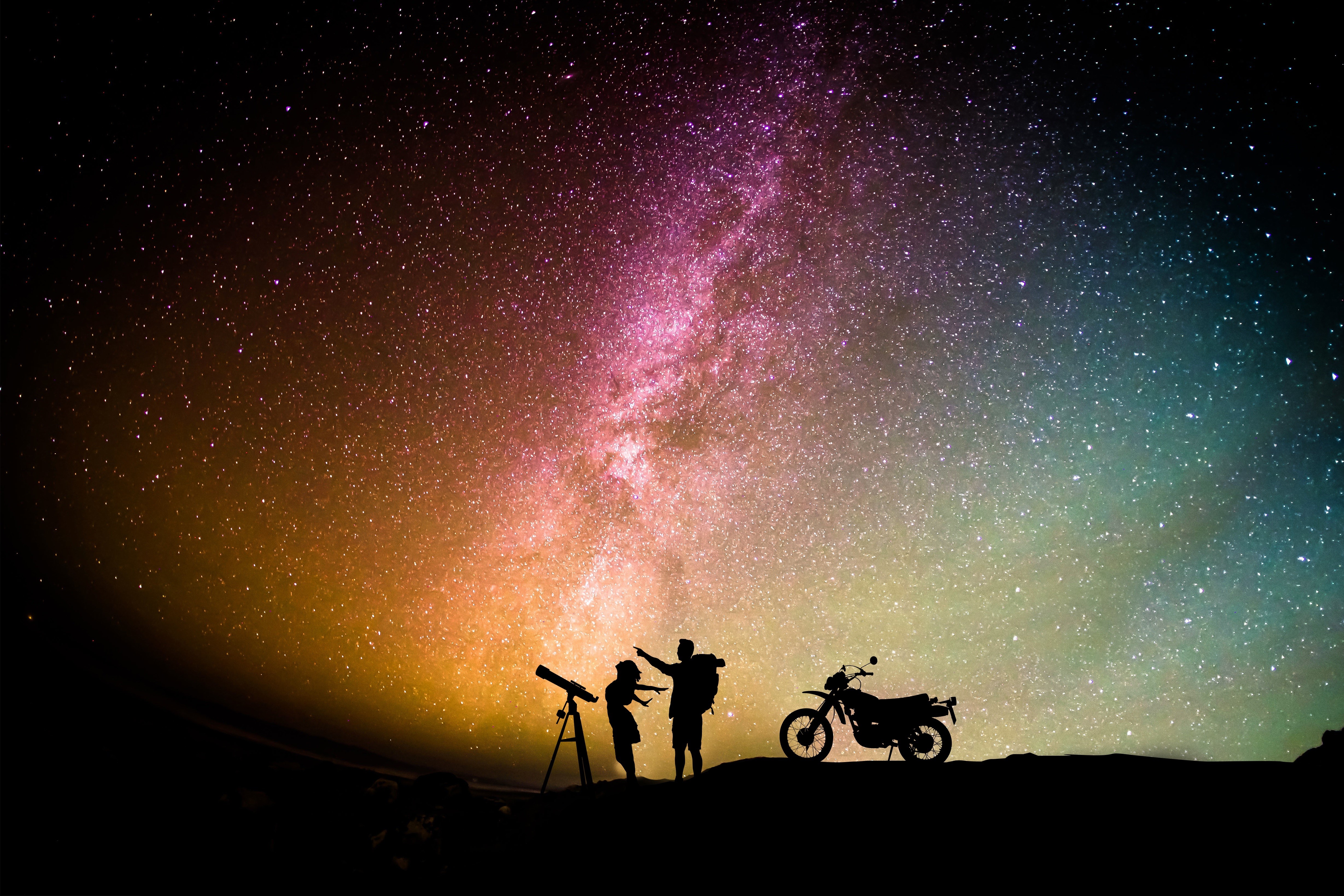 Wallpaper / couple, bike, silhouette, aurora, sky, hd, photography, 4k, 5k, love free download
