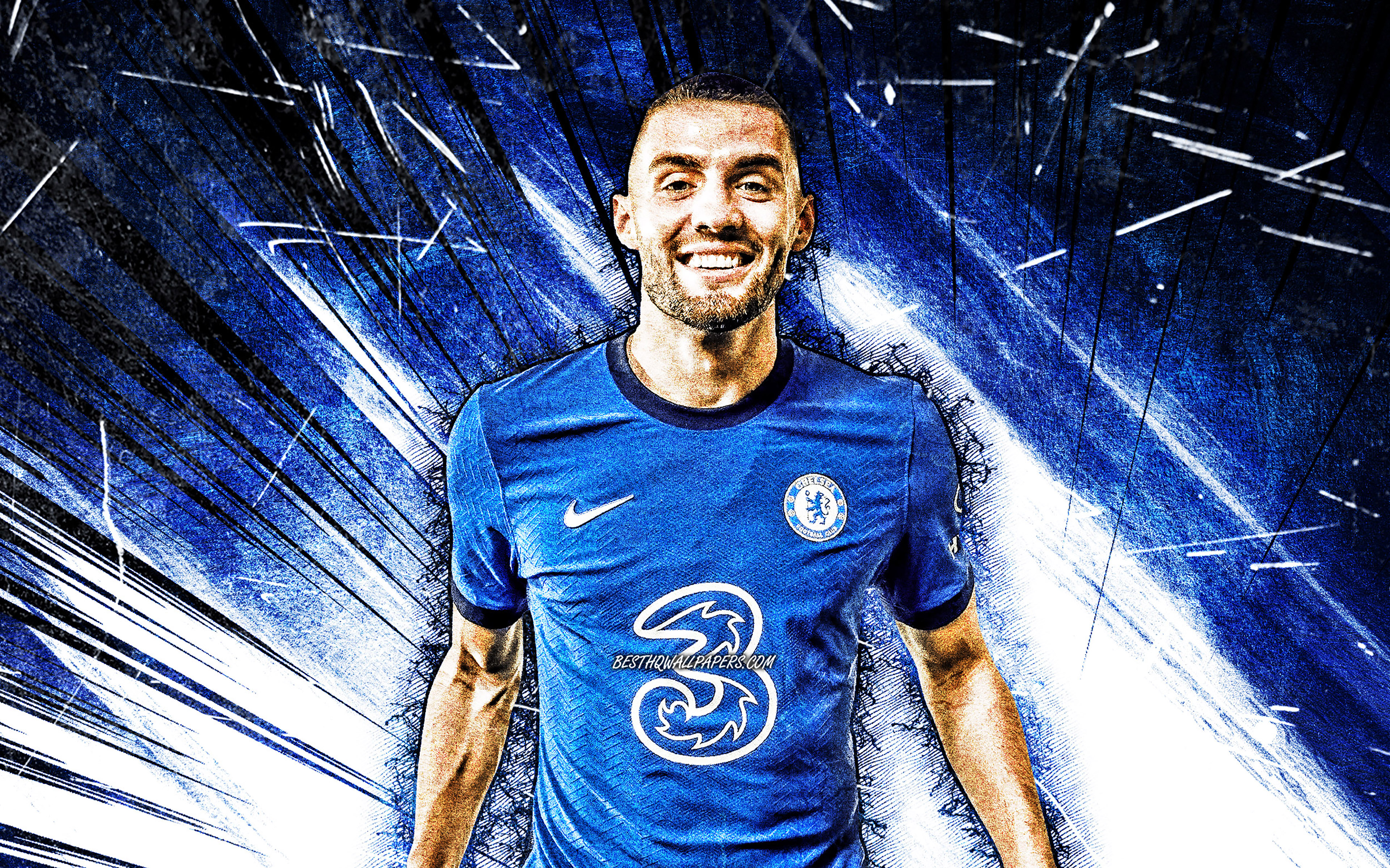 Download wallpaper 4k, Mateo Kovacic, grunge art, Chelsea FC, croatian footballers, Premier League, soccer, Mateo Kovacic Chelsea, football, blue abstract rays, Mateo Kovacic 4K for desktop with resolution 3840x2400. High Quality HD