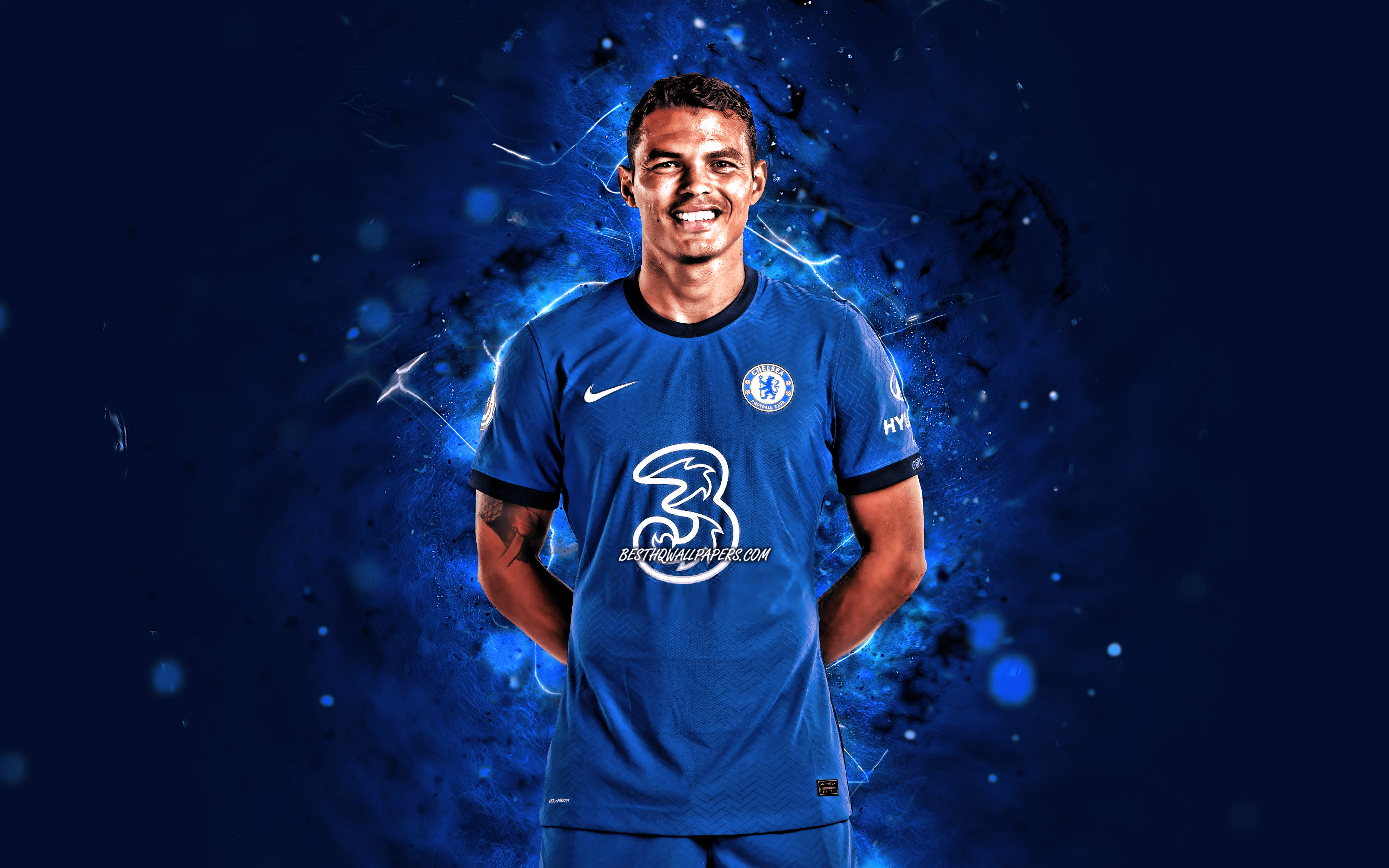 Download wallpaper Thiago Silva, 4k, 2020, Chelsea FC, brazilian footballers, Premier League, Thiago Emiliano da Silva, soccer, Thiago Silva Chelsea, football, blue neon lights, England, Thiago Silva 4K for desktop with resolution