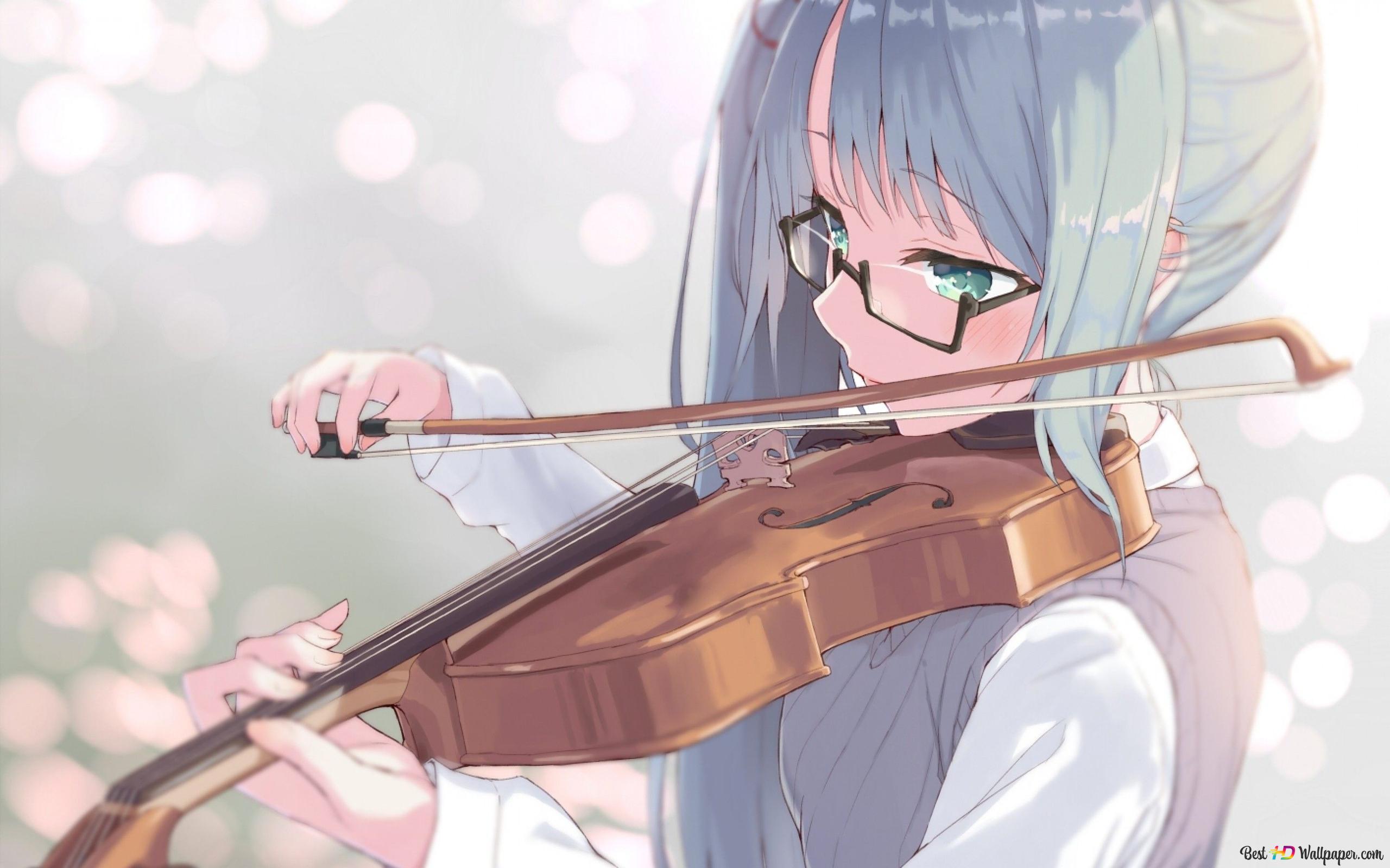 Violinist beautiful anime girl with gray hair and gray dress plays the violin 2K wallpaper download