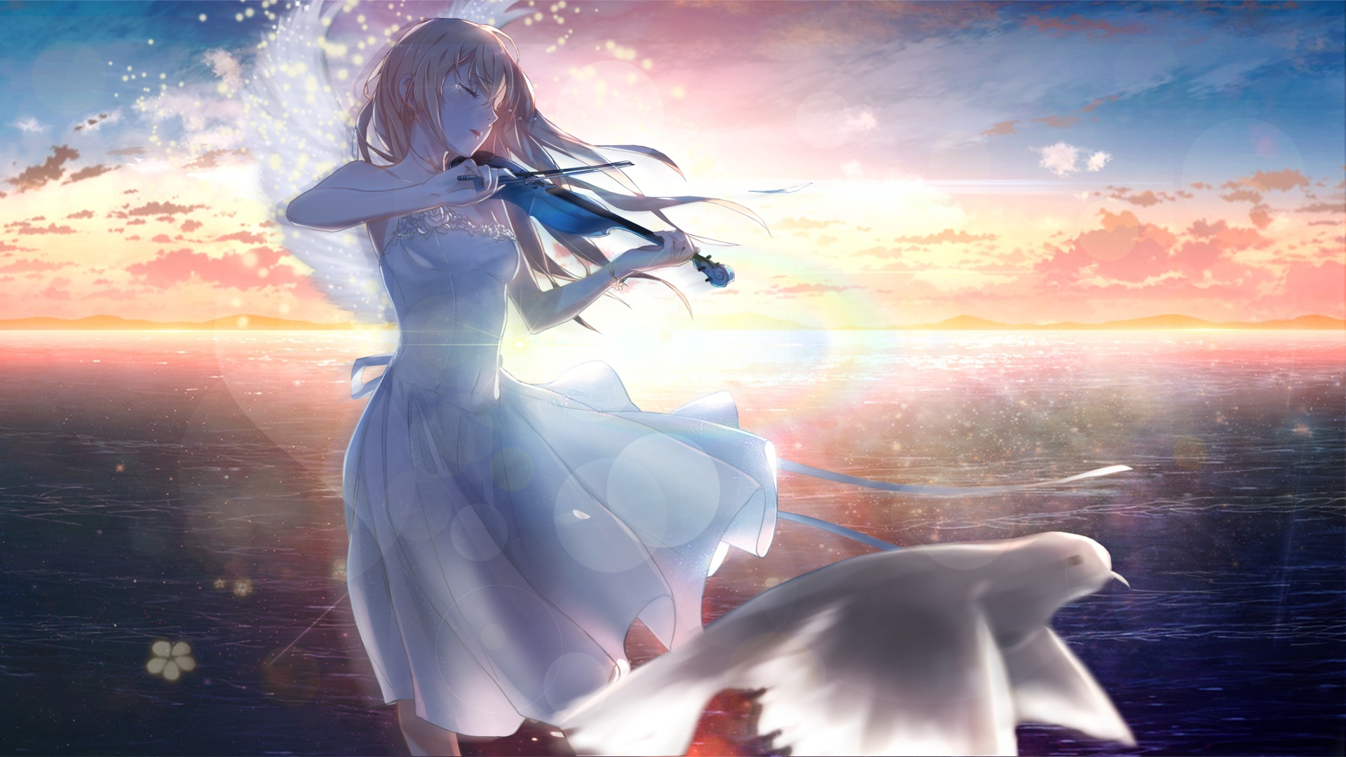 Desktop Wallpaper Kaori Miyazono, Anime Girl, Playing Violin, Dove, HD Image, Picture, Background, Fzo5jj
